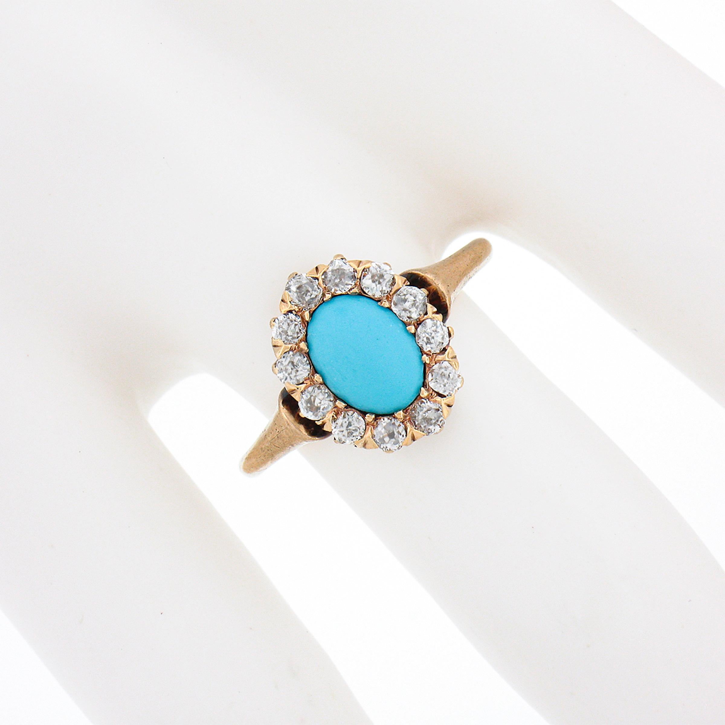 Antique Victorian 14k Gold Oval Cabochon Turquoise w/ Mine Cut Diamond Halo Ring In Good Condition In Montclair, NJ