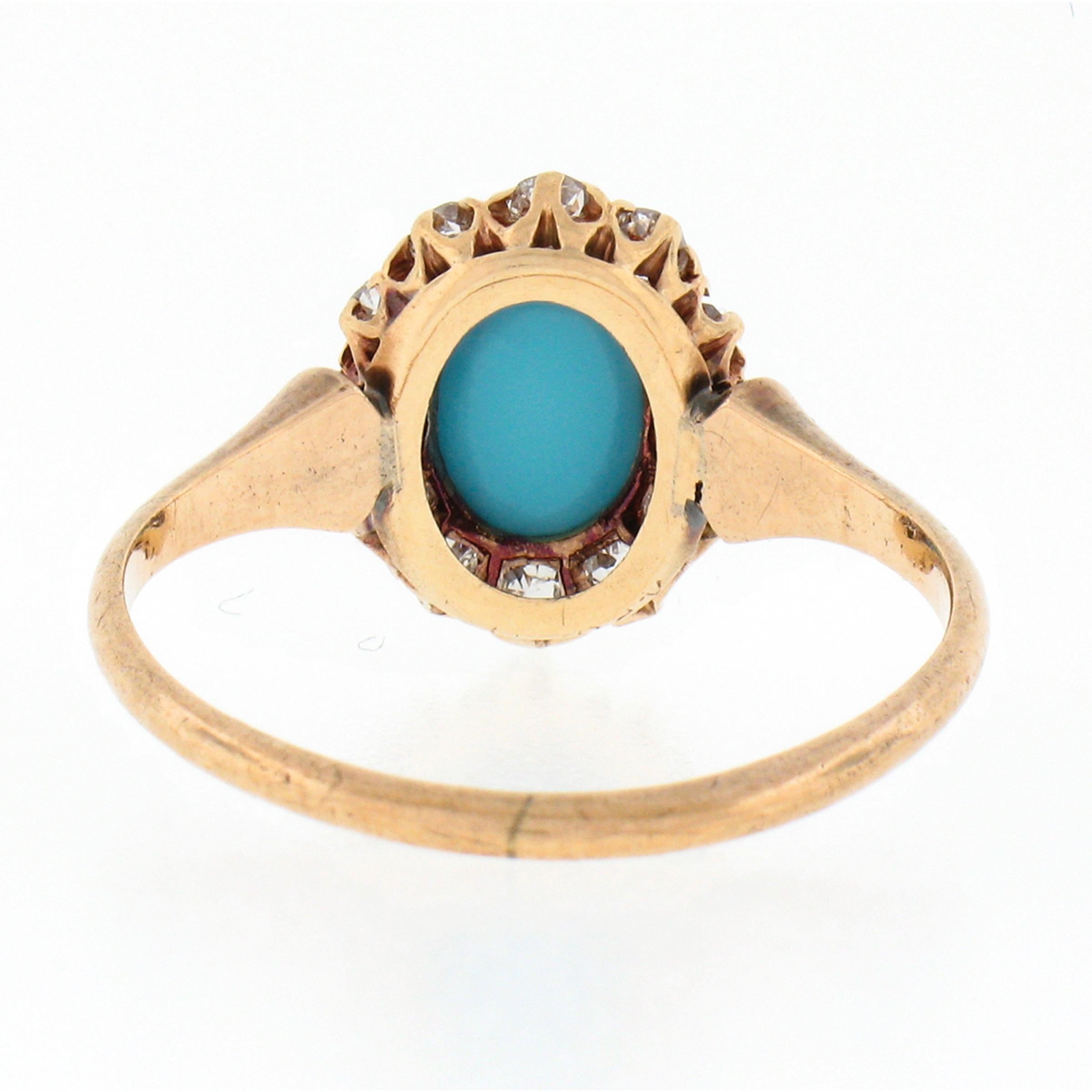 Antique Victorian 14k Gold Oval Cabochon Turquoise w/ Mine Cut Diamond Halo Ring 2