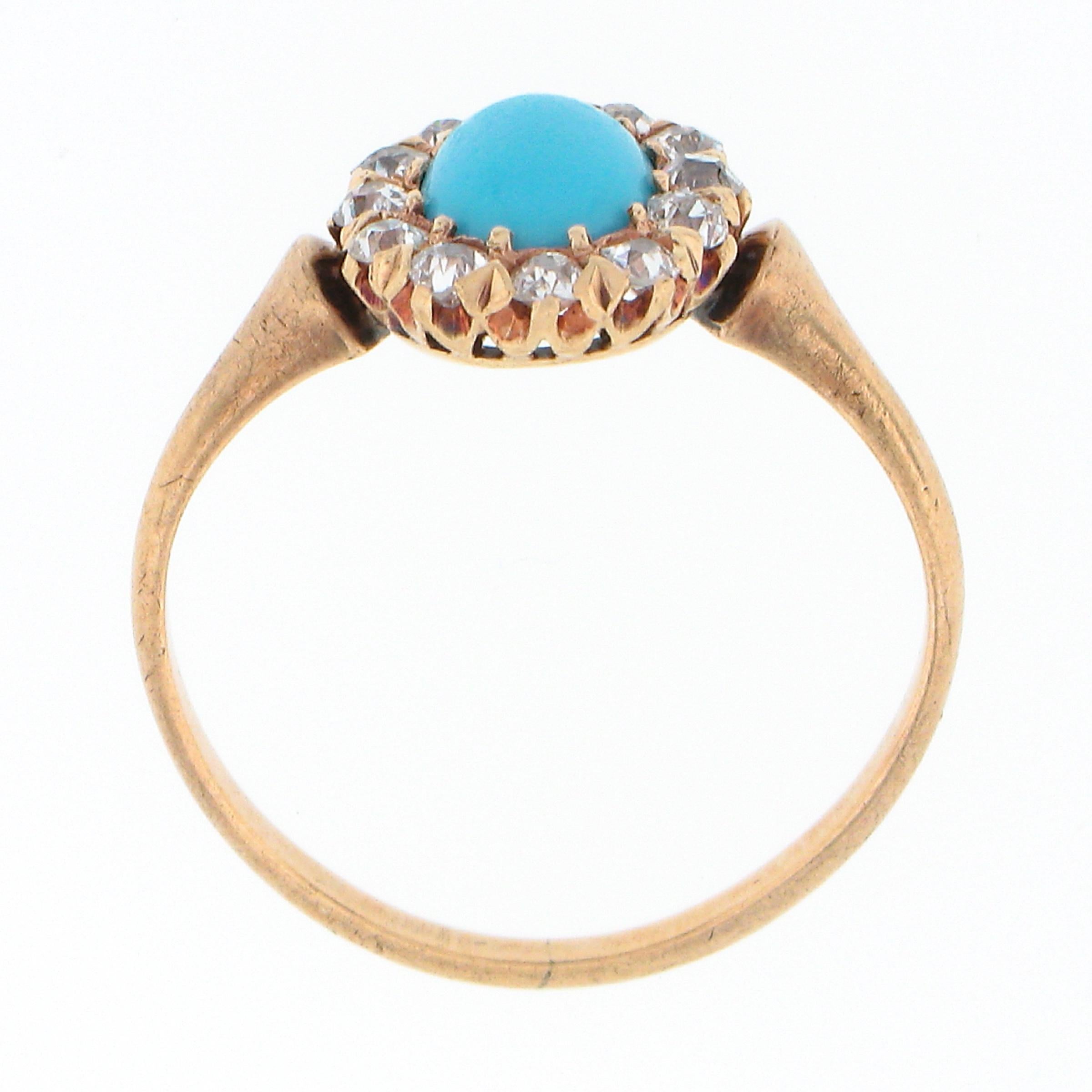 Antique Victorian 14k Gold Oval Cabochon Turquoise w/ Mine Cut Diamond Halo Ring 3