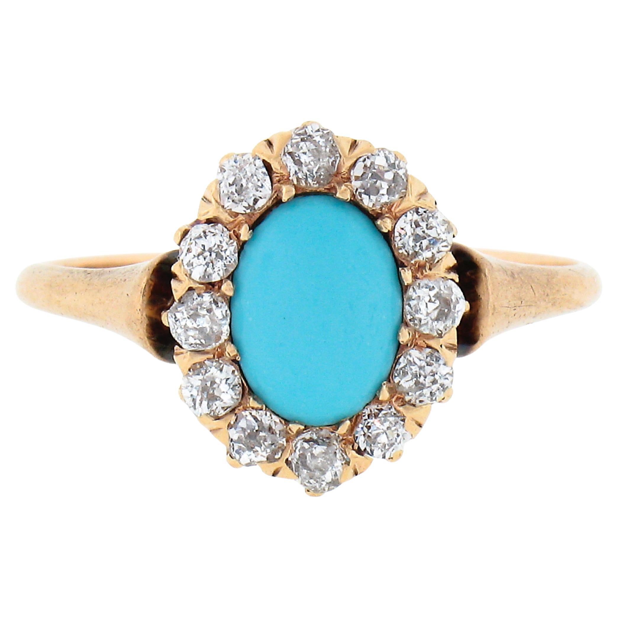 Antique Victorian 14k Gold Oval Cabochon Turquoise w/ Mine Cut Diamond Halo Ring