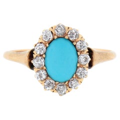 Antique Victorian 14k Gold Oval Cabochon Turquoise w/ Mine Cut Diamond Halo Ring