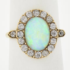 Antique Victorian 14k Gold Oval Opal Solitaire Ring W/ 0.80ctw Old Diamond Halo