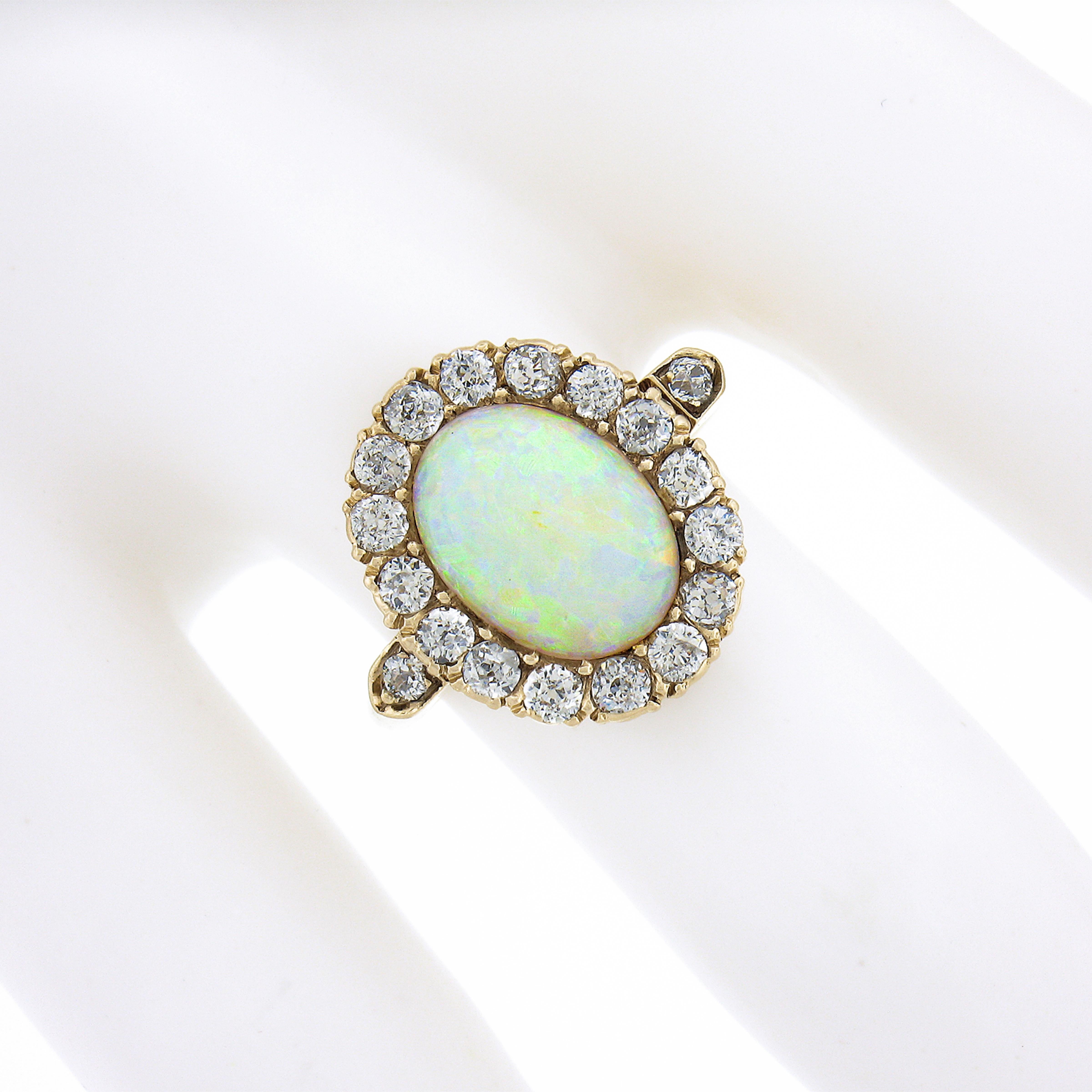 Oval Cut Antique Victorian 14k Gold Oval Opal Solitaire Ring W/ 0.80ctw Old Diamond Halo For Sale