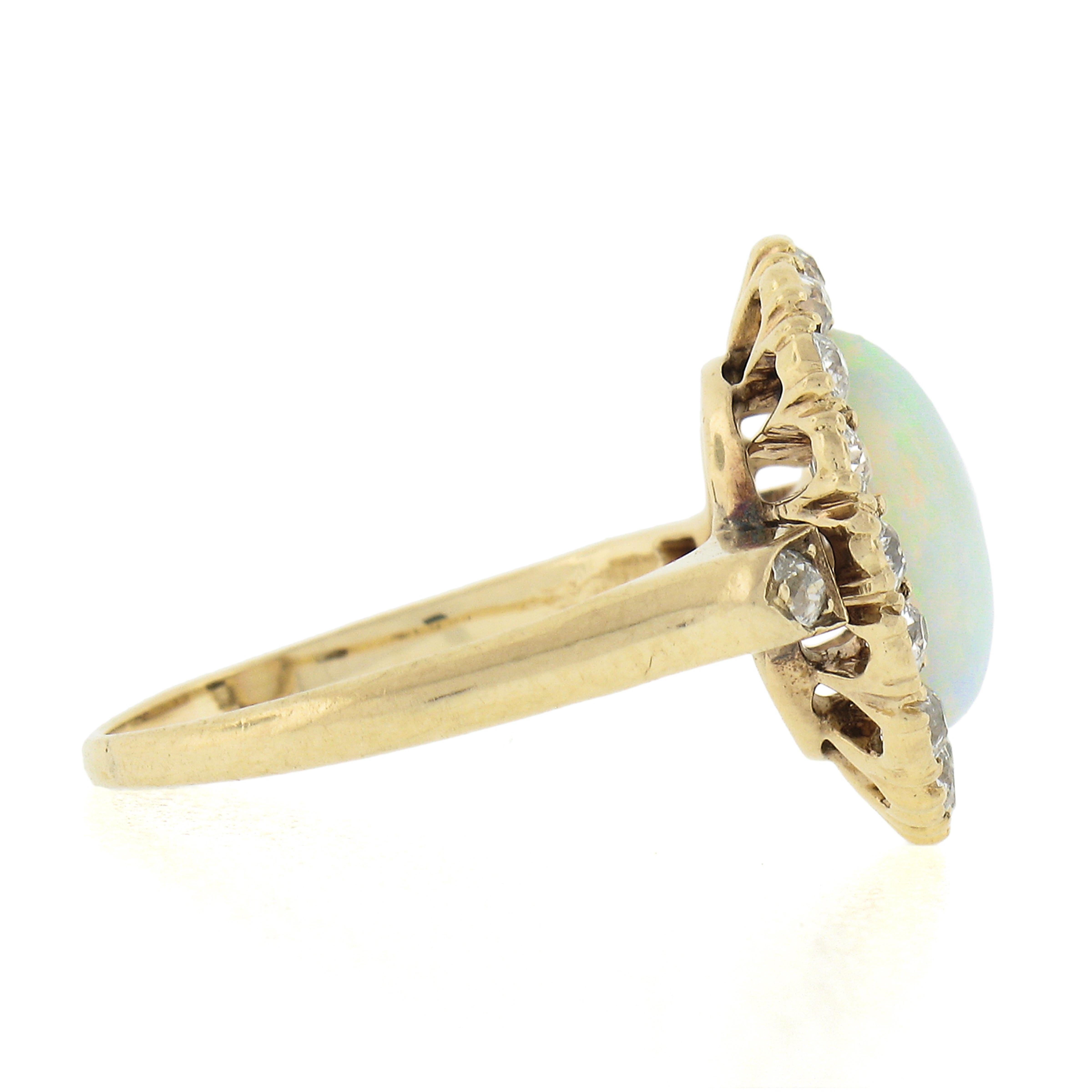 Antique Victorian 14k Gold Oval Opal Solitaire Ring W/ 0.80ctw Old Diamond Halo In Good Condition For Sale In Montclair, NJ