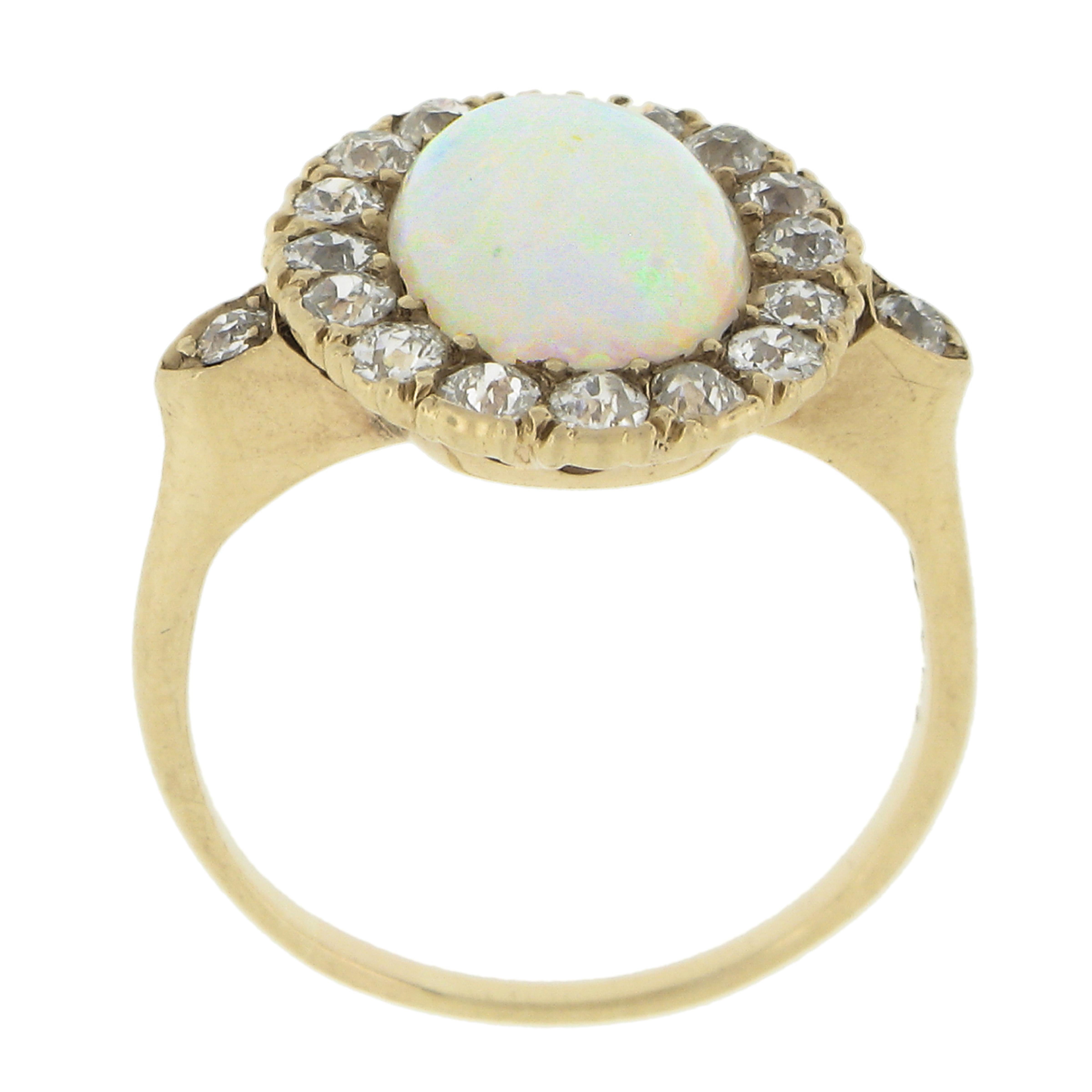 Antique Victorian 14k Gold Oval Opal Solitaire Ring W/ 0.80ctw Old Diamond Halo For Sale 1