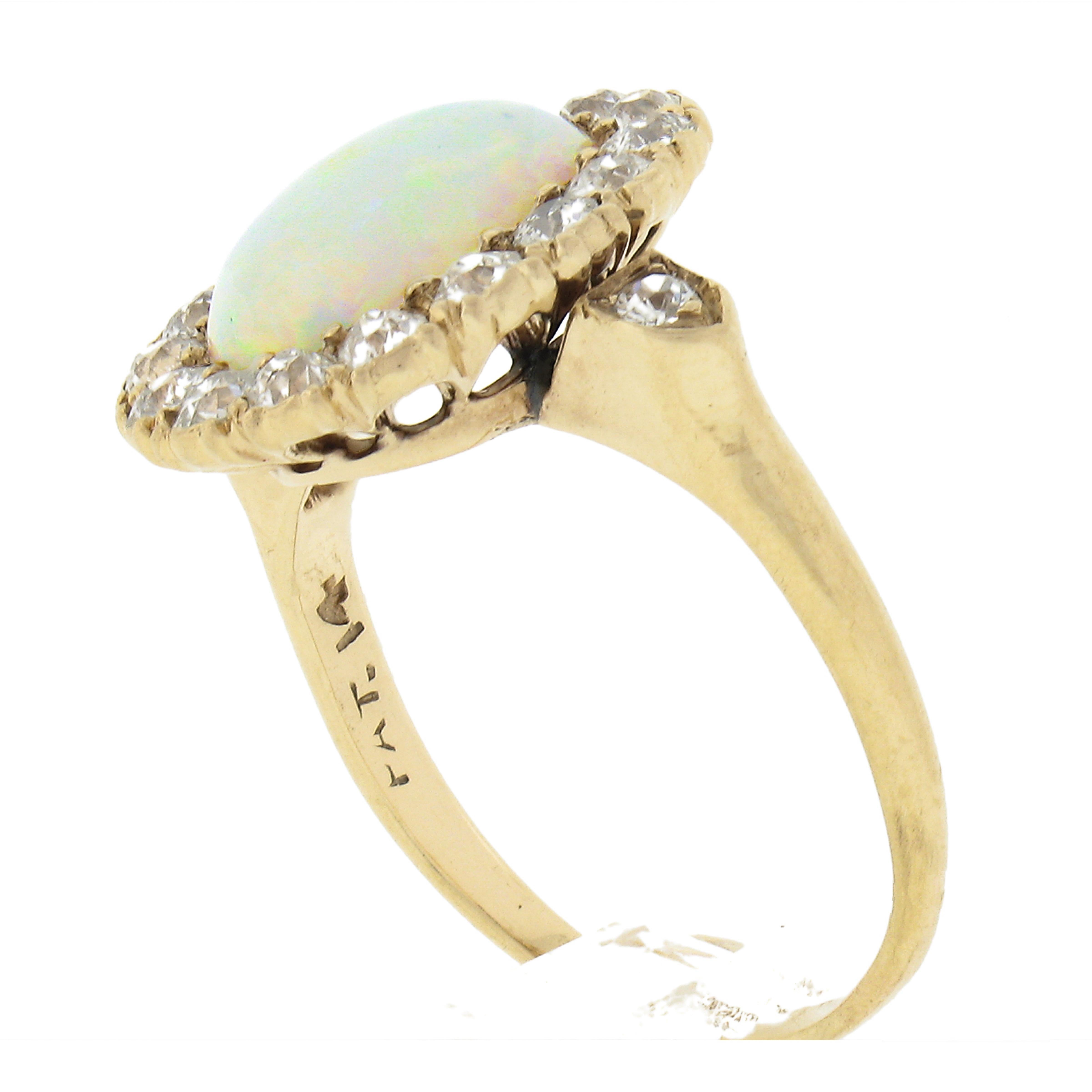 Antique Victorian 14k Gold Oval Opal Solitaire Ring W/ 0.80ctw Old Diamond Halo For Sale 2