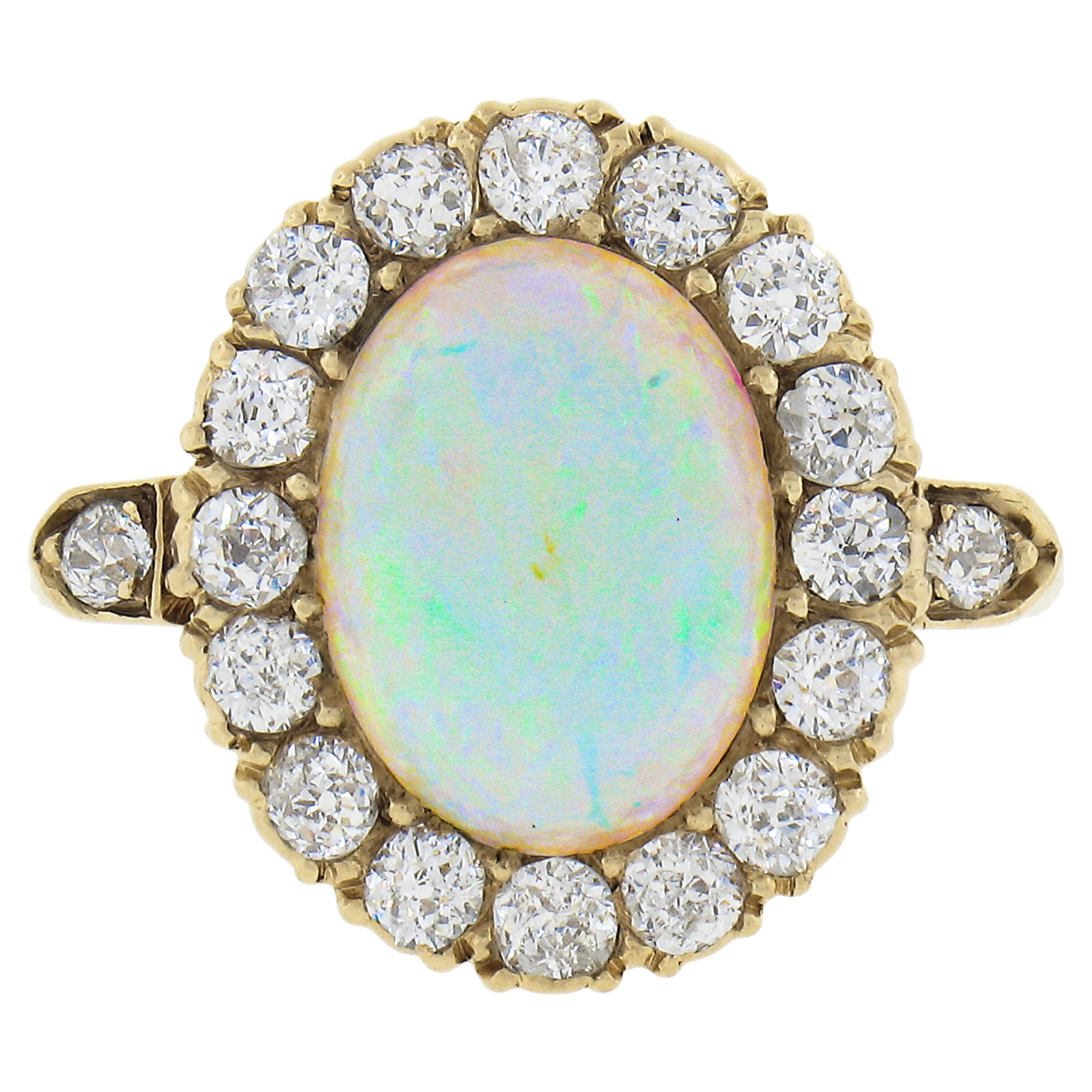 Antique Victorian 14k Gold Oval Opal Solitaire Ring W/ 0.80ctw Old Diamond Halo For Sale