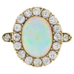 Antique Victorian 14k Gold Oval Opal Solitaire Ring W/ 0.80ctw Old Diamond Halo