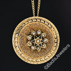 Antique Victorian 14K Gold Pearl Cluster Black Enamel Round Disc Pendant & Chain