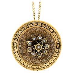 Antique Victorian 14K Gold Pearl Cluster Black Enamel Round Disc Pendant & Chain