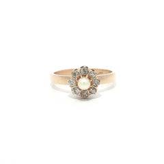 Anillo victoriano antiguo con forma de flor, de oro de 14k, con perlas y diamantes de talla «Old Mine» en racimo
