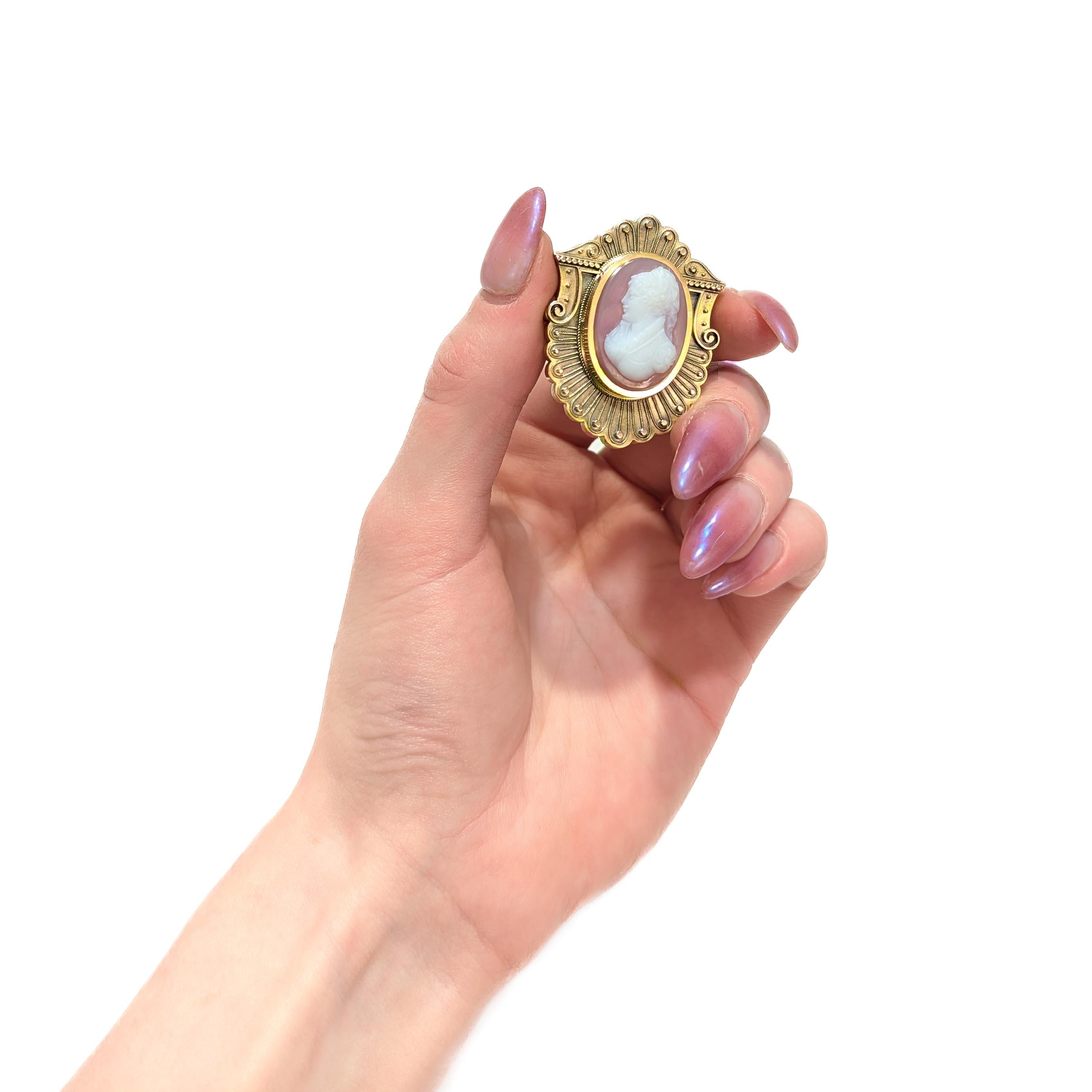 Cabochon Antique Victorian 14k Gold, Pink Agate & Pearl Cameo Brooch of a Lady For Sale
