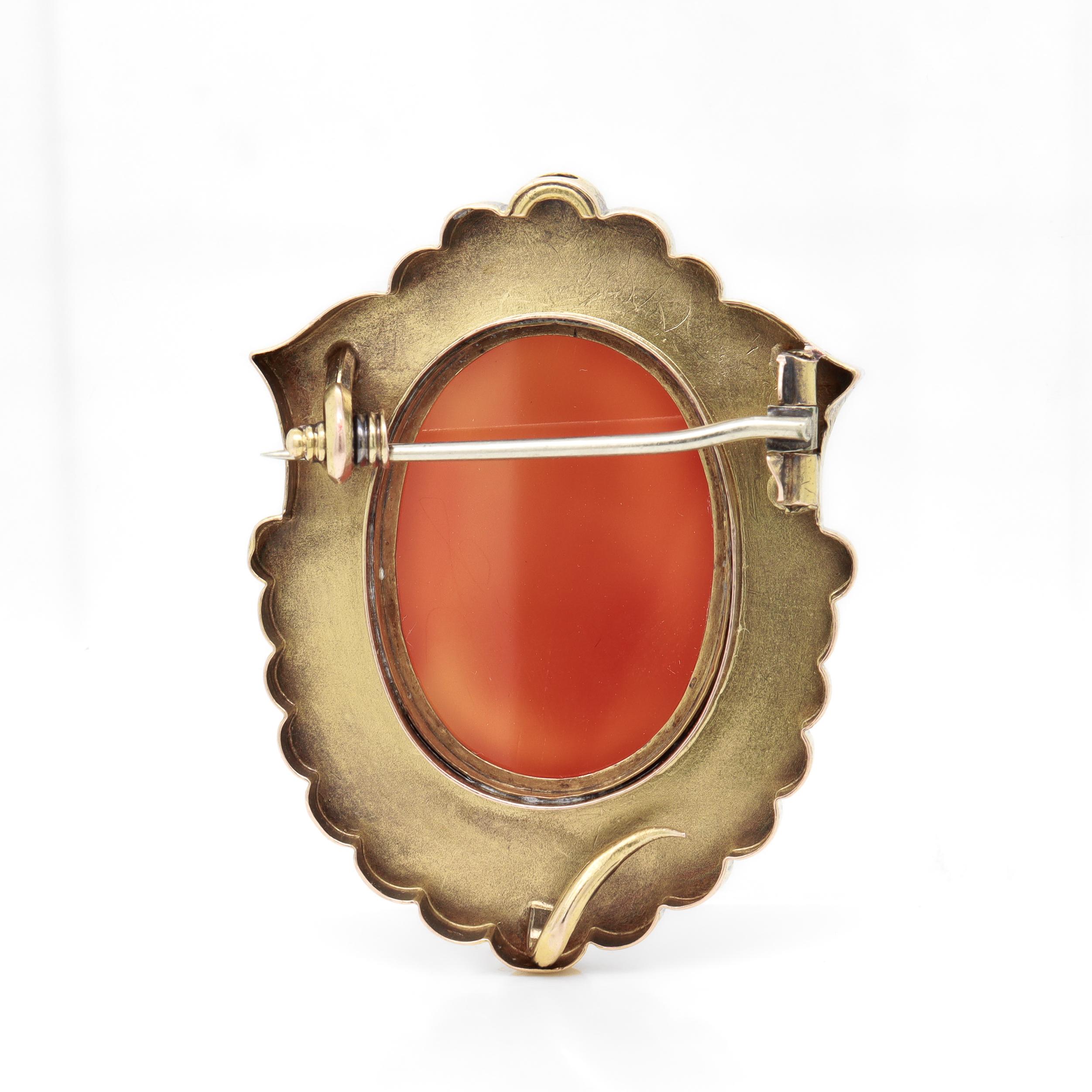 Women's Antique Victorian 14k Gold, Pink Agate & Pearl Cameo Brooch of a Lady For Sale