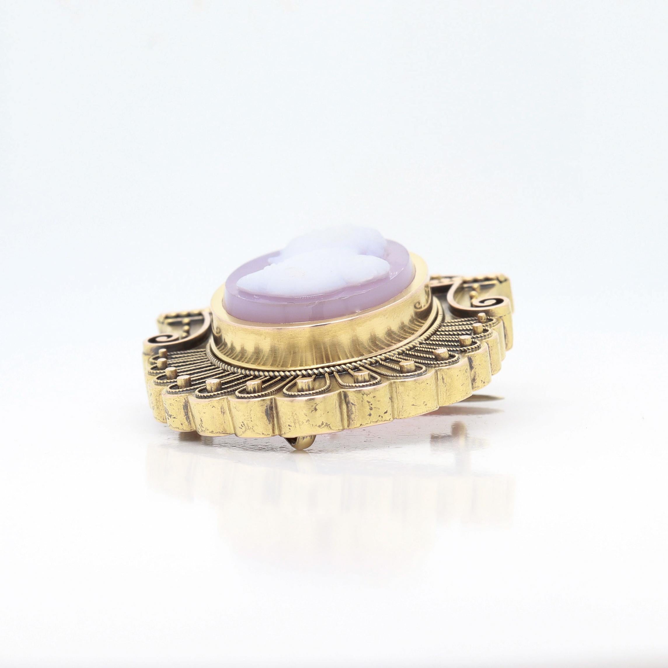 Antique Victorian 14k Gold, Pink Agate & Pearl Cameo Brooch of a Lady For Sale 1