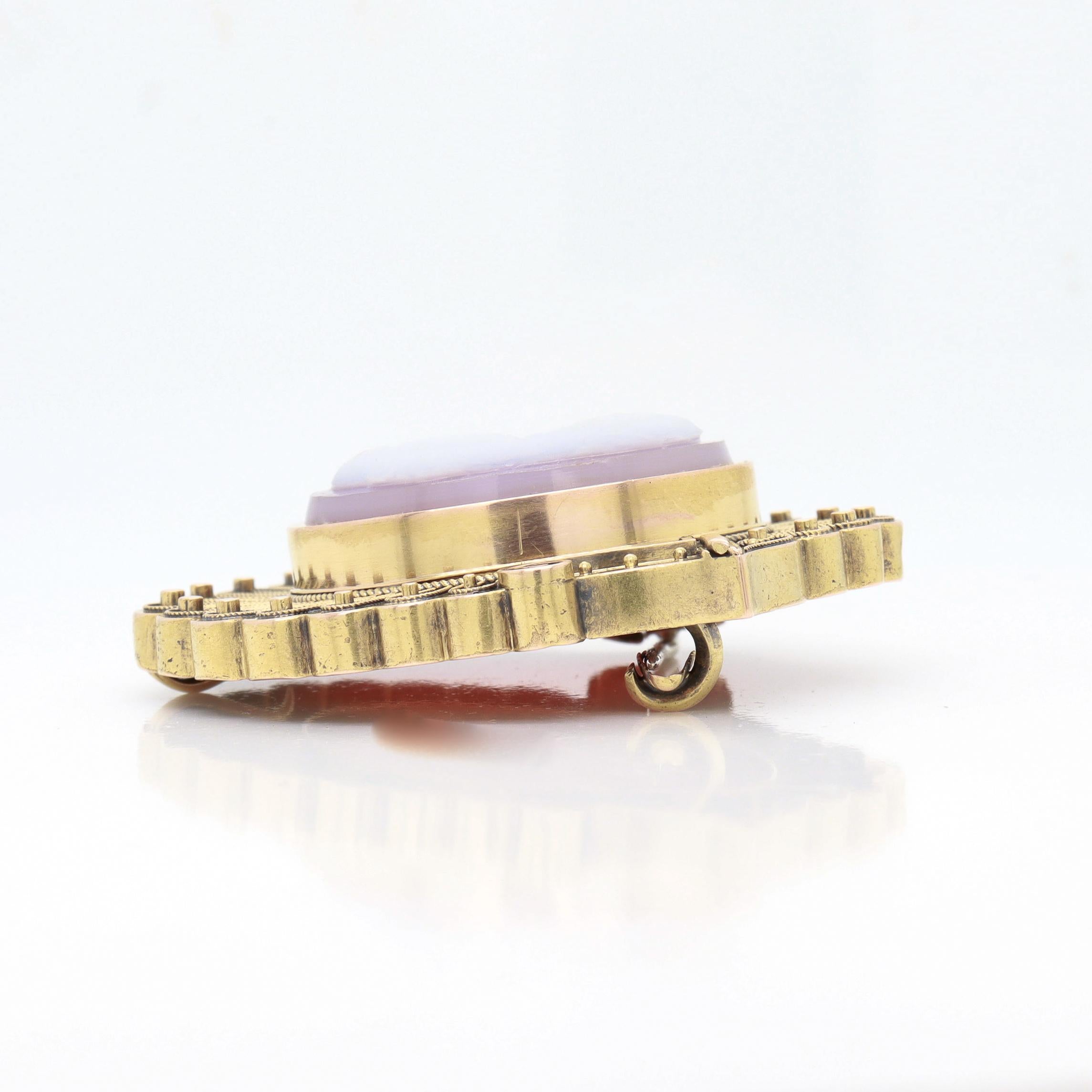Antique Victorian 14k Gold, Pink Agate & Pearl Cameo Brooch of a Lady For Sale 2