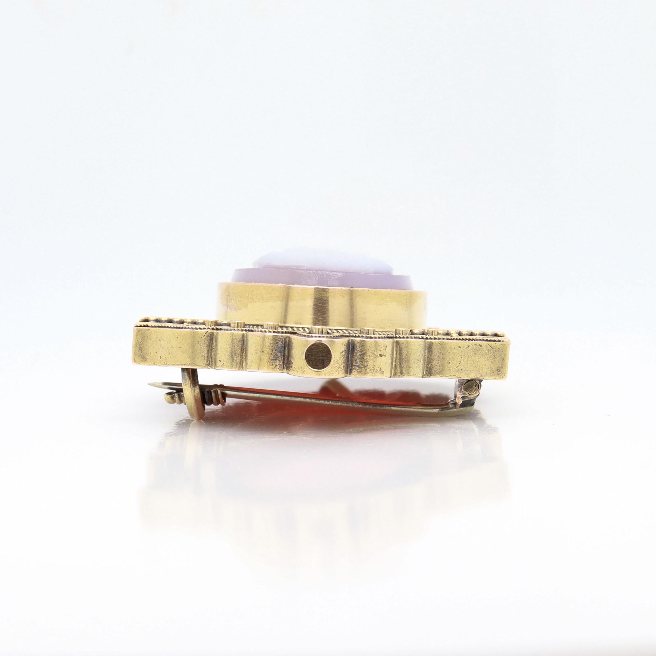Antique Victorian 14k Gold, Pink Agate & Pearl Cameo Brooch of a Lady For Sale 3