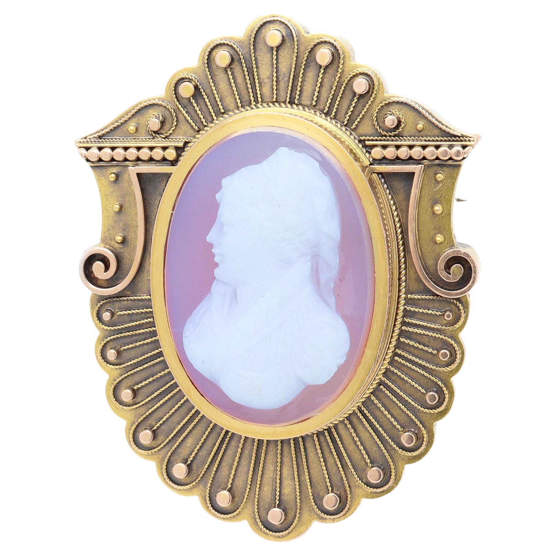 Antique Victorian 14k Gold, Pink Agate & Pearl Cameo Brooch of a Lady For Sale