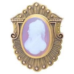 Antique Victorian 14k Gold, Pink Agate & Pearl Cameo Brooch of a Lady