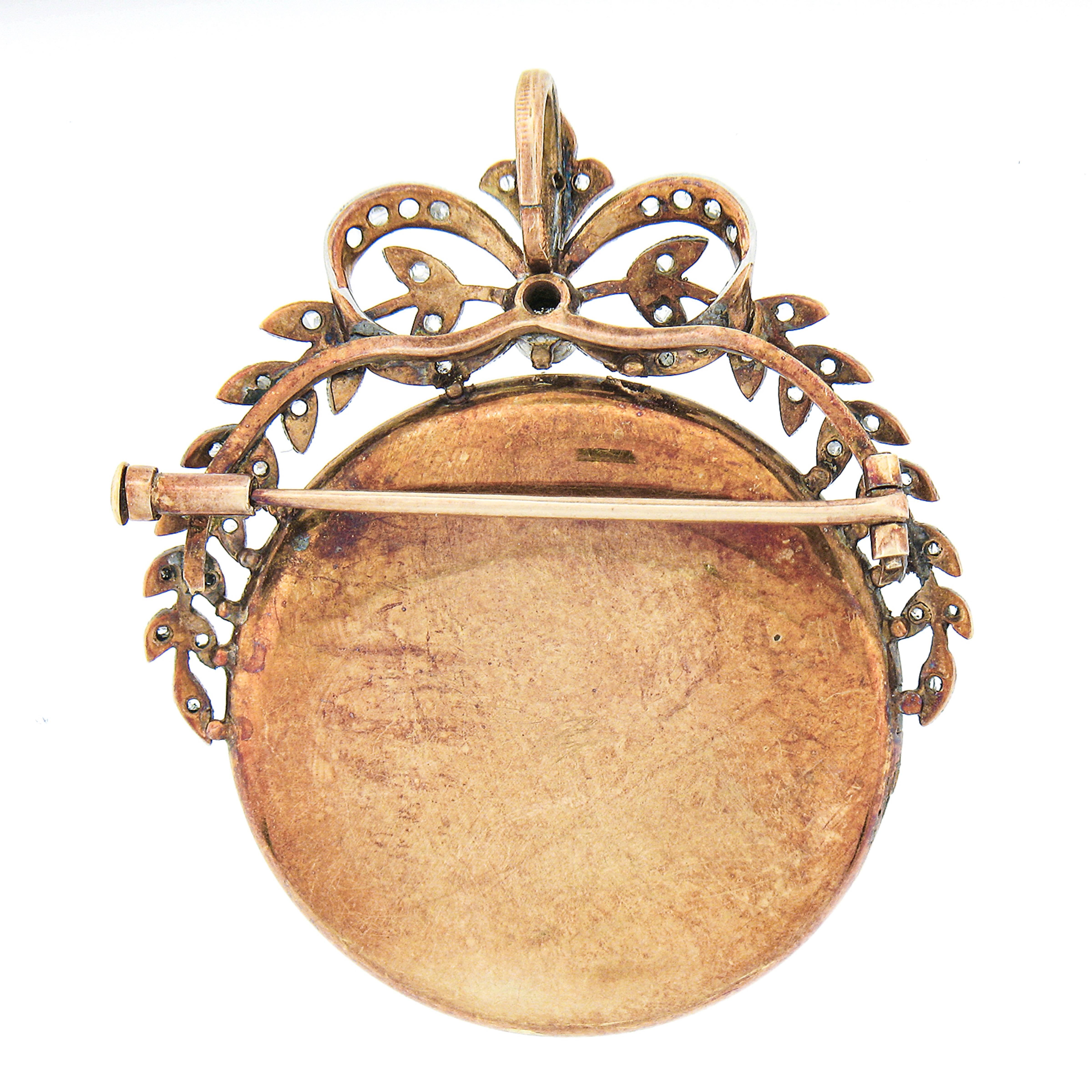 Early Victorian Antique Victorian 14k Gold & Plat Diamond Blue Enamel Wreath Locket Pin Pendant