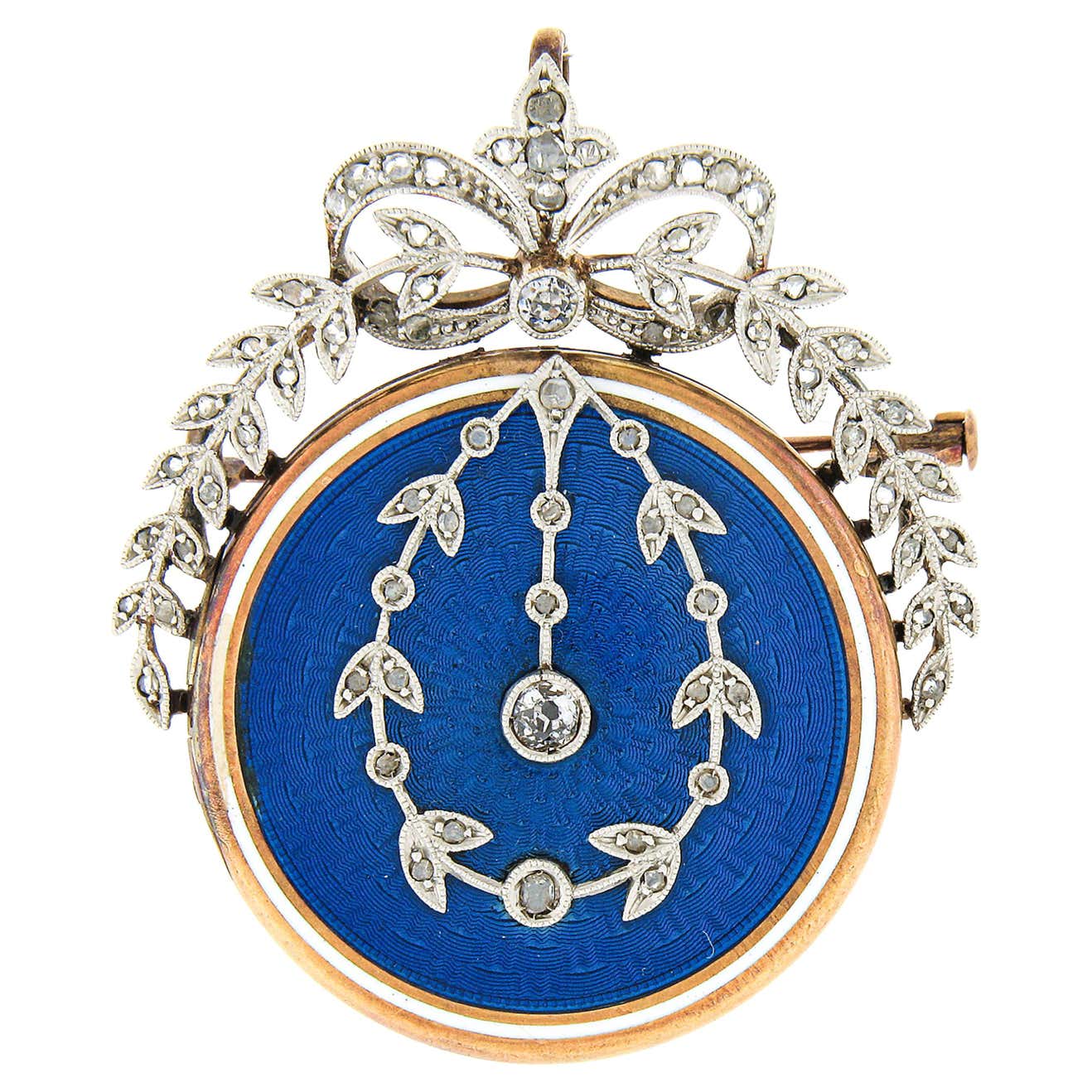 Antique Victorian 14k Gold and Plat Diamond Blue Enamel Wreath Locket ...