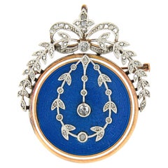 Antique Victorian 14k Gold & Plat Diamond Blue Enamel Wreath Locket Pin Pendant