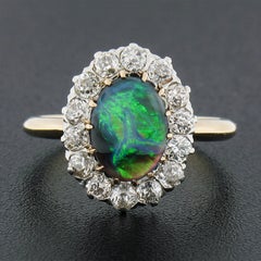 Antique Victorian 14K Gold Plat Oval Grey Opal 0.70ct Old Mine Diamond Halo Ring
