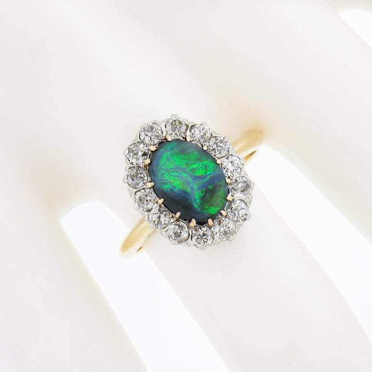 Antique Victorian 14K Gold Plat Oval Grey Opal 0.70ct Old Mine Diamond ...