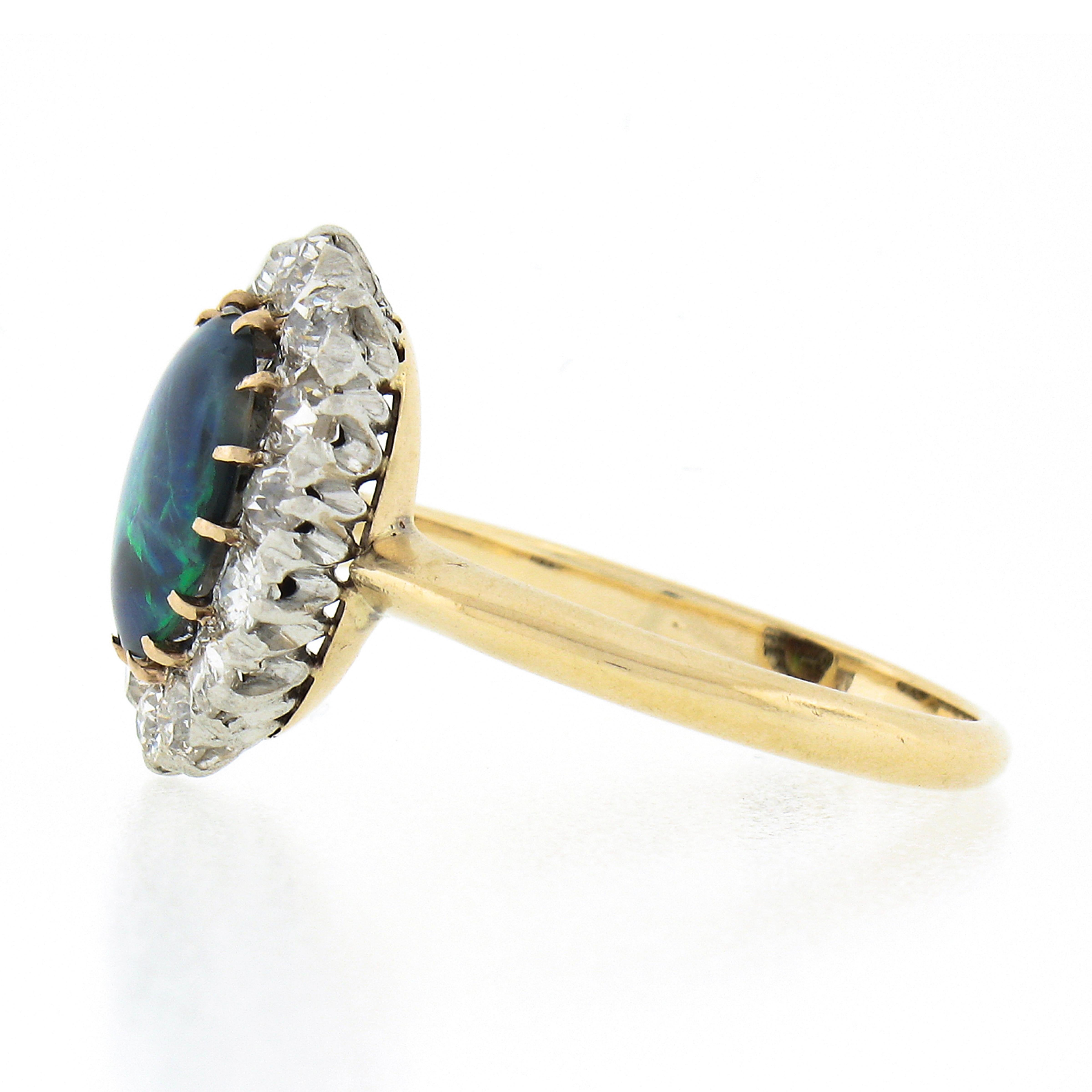 Antique Victorian 14K Gold Plat Oval Grey Opal 0.70ct Old Mine Diamond Halo Ring In Good Condition In Montclair, NJ