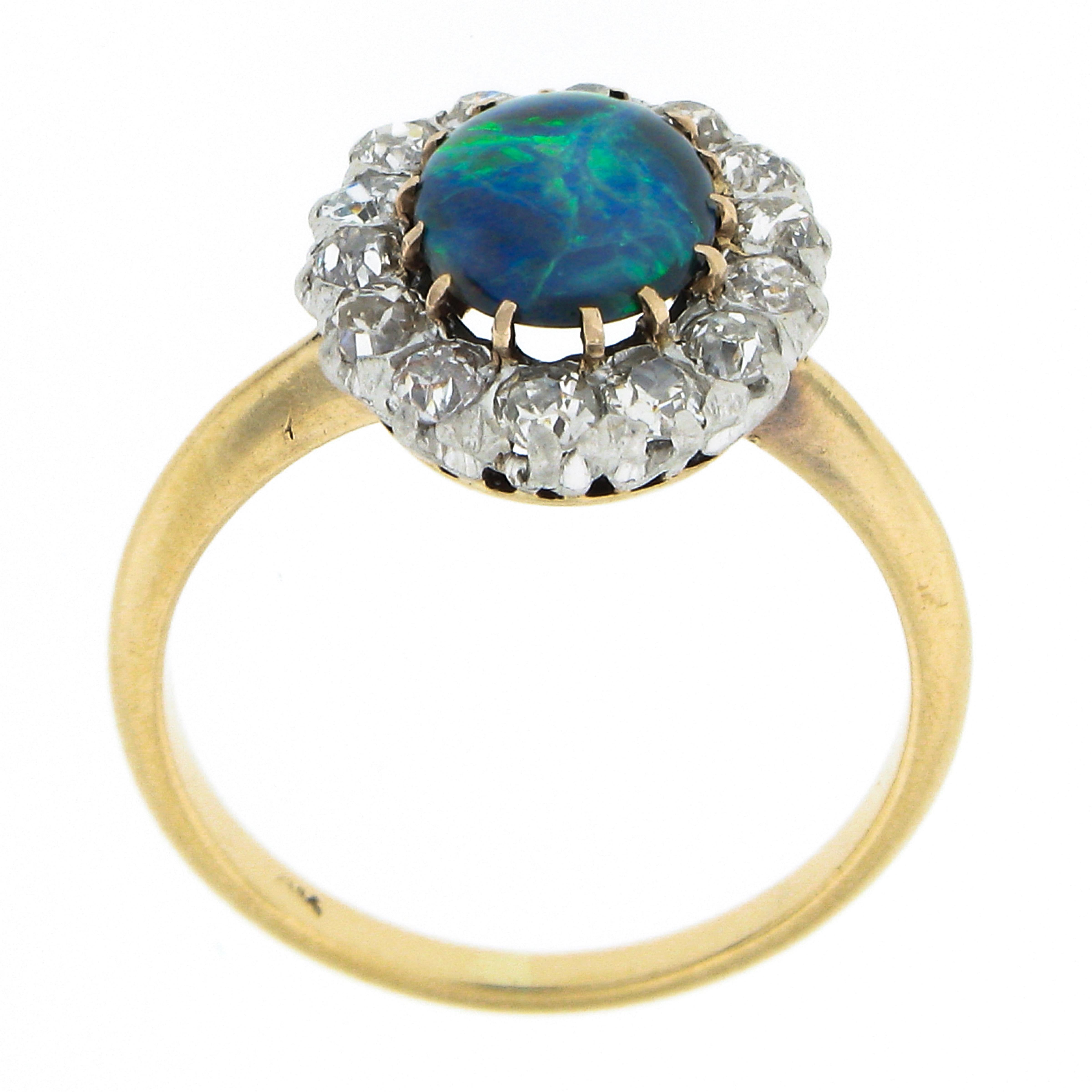 Antique Victorian 14K Gold Plat Oval Grey Opal 0.70ct Old Mine Diamond Halo Ring 1