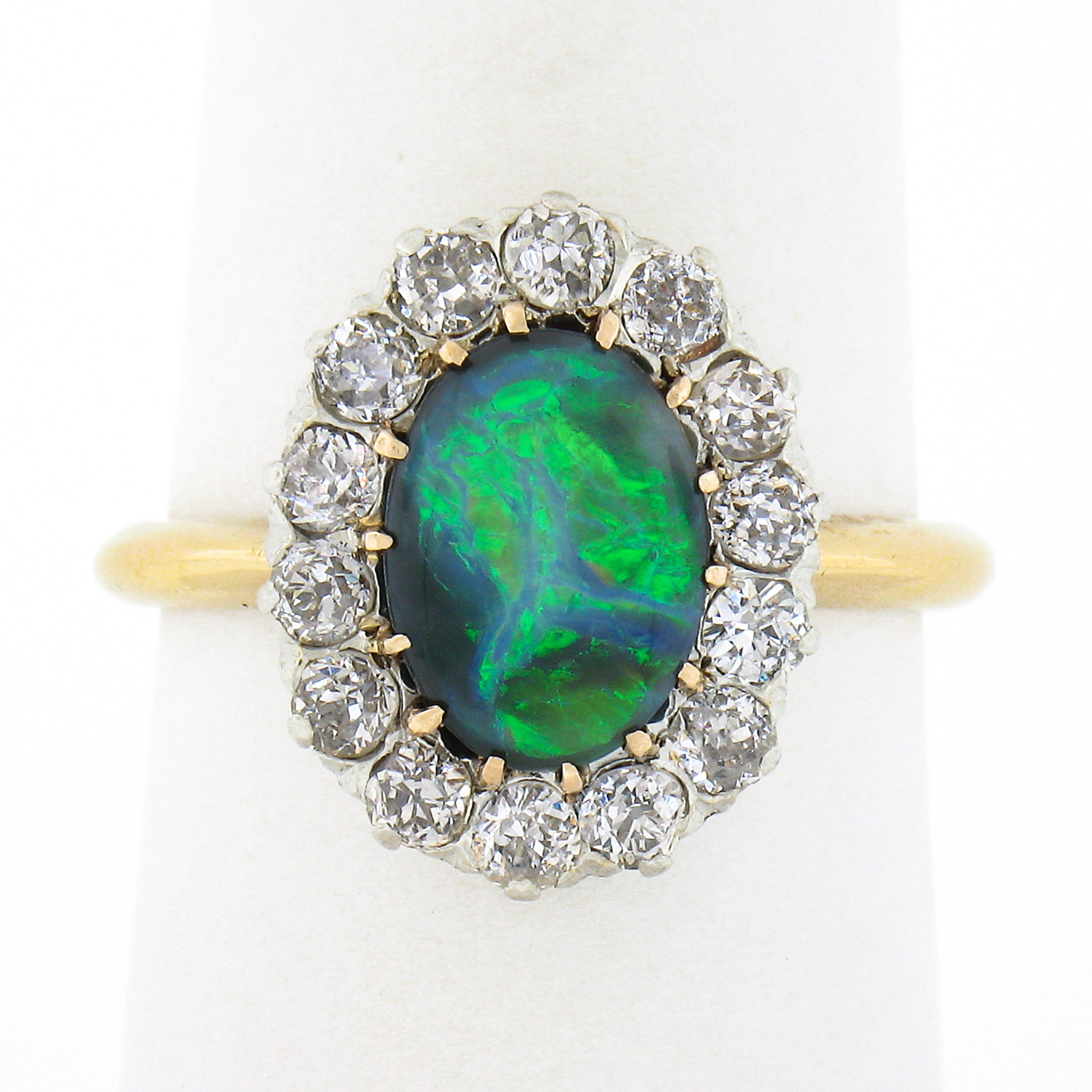 Antique Victorian 14K Gold Plat Oval Grey Opal 0.70ct Old Mine Diamond Halo Ring 3