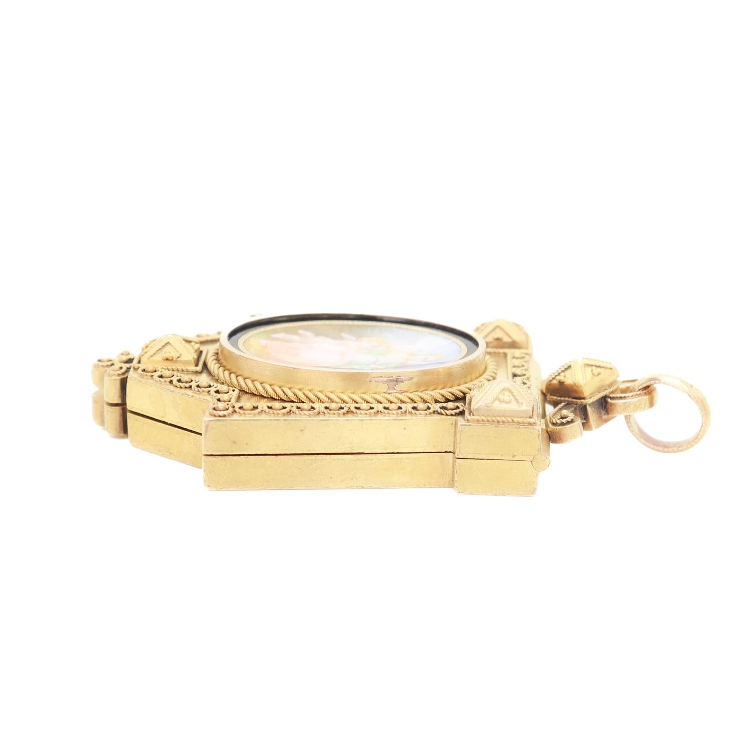 Pendentif victorien ancien en or 14 carats, porcelaine et émail d'après Fontenay en vente 5