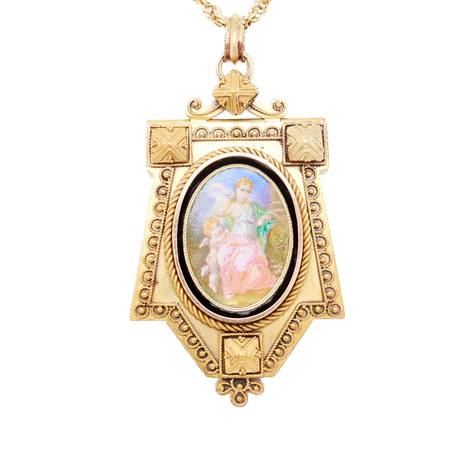 Pendentif victorien ancien en or 14 carats, porcelaine et émail d'après Fontenay Bon état - En vente à Philadelphia, PA