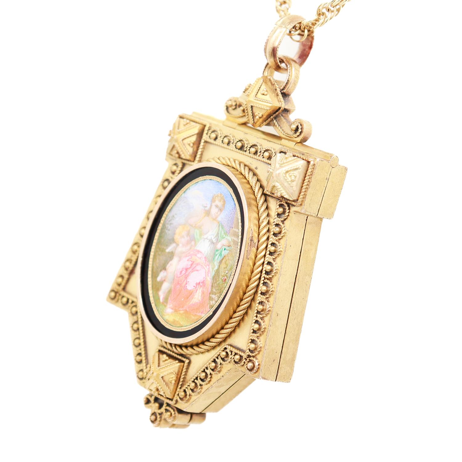 Pendentif victorien ancien en or 14 carats, porcelaine et émail d'après Fontenay Pour femmes en vente