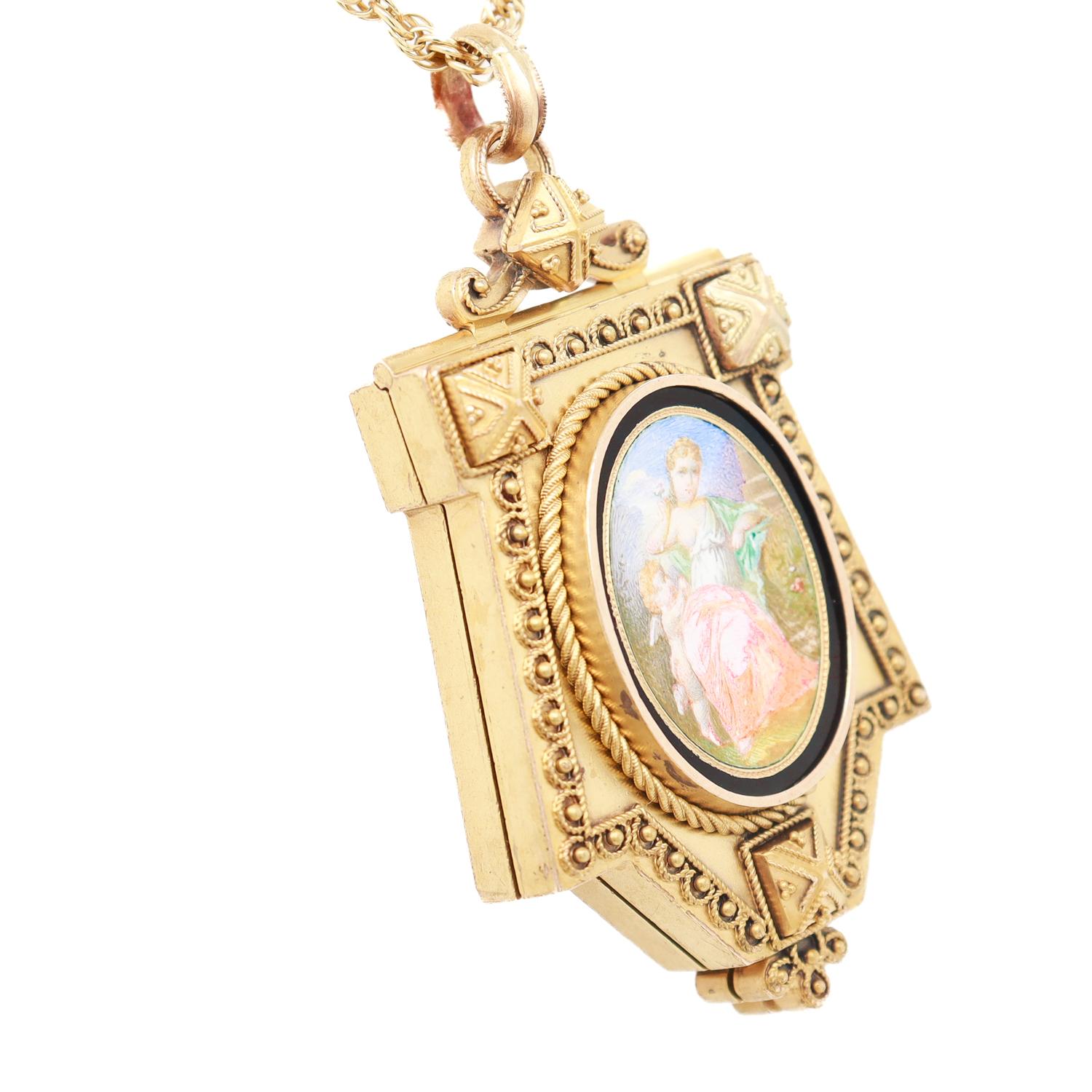 Pendentif victorien ancien en or 14 carats, porcelaine et émail d'après Fontenay en vente 1