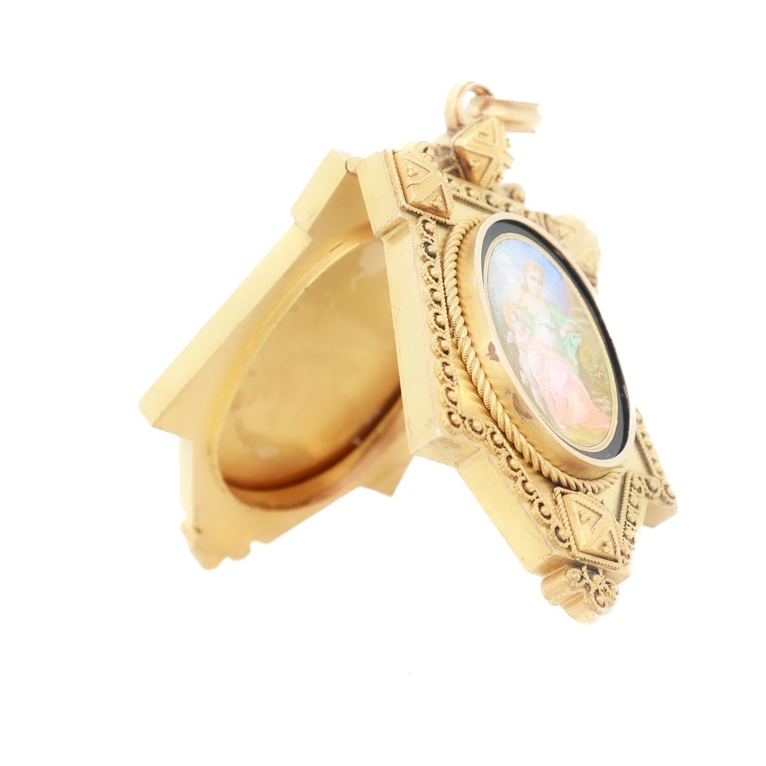 Pendentif victorien ancien en or 14 carats, porcelaine et émail d'après Fontenay en vente 2