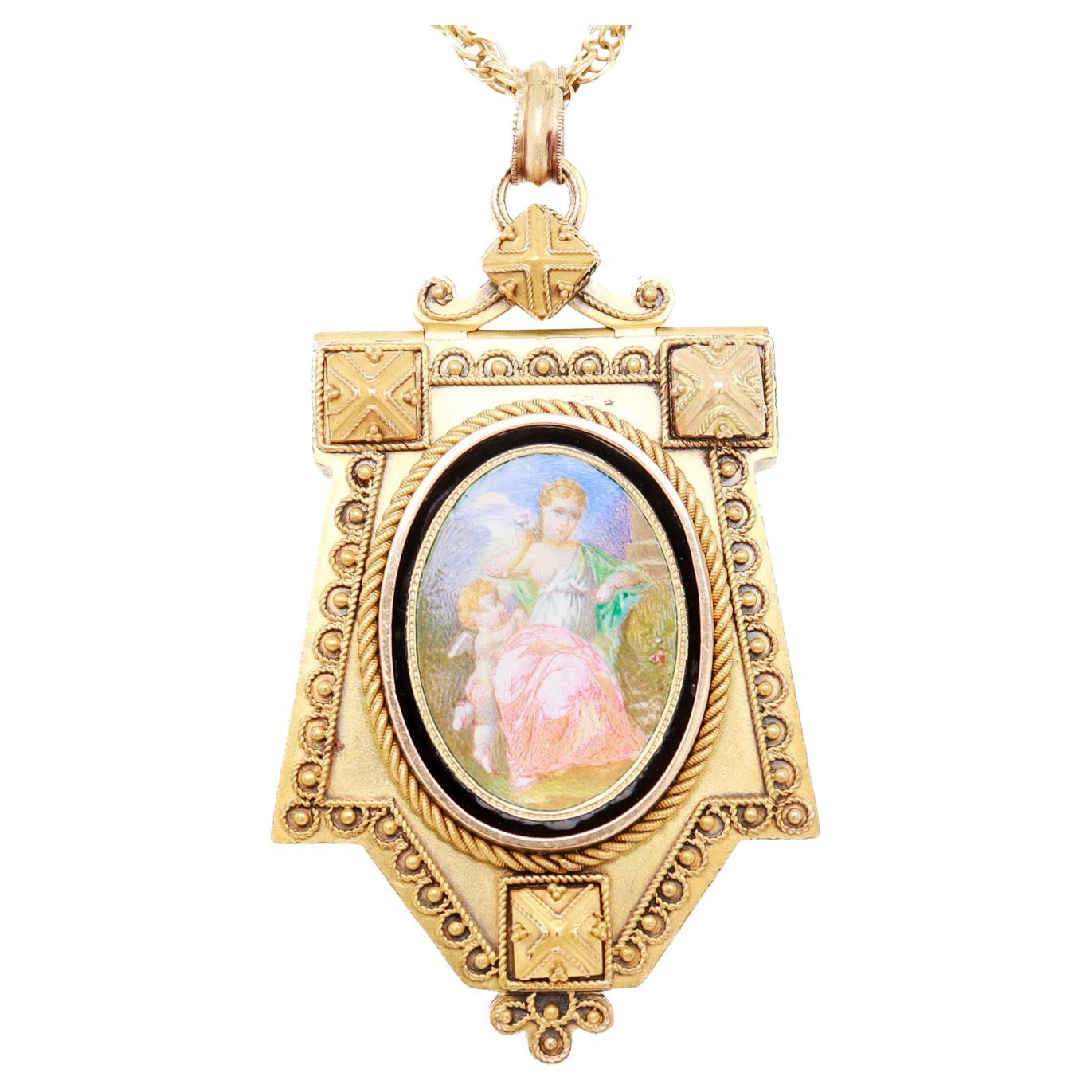 Antiguo medallón victoriano de oro de 14 quilates, porcelana y esmalte según Fontenay