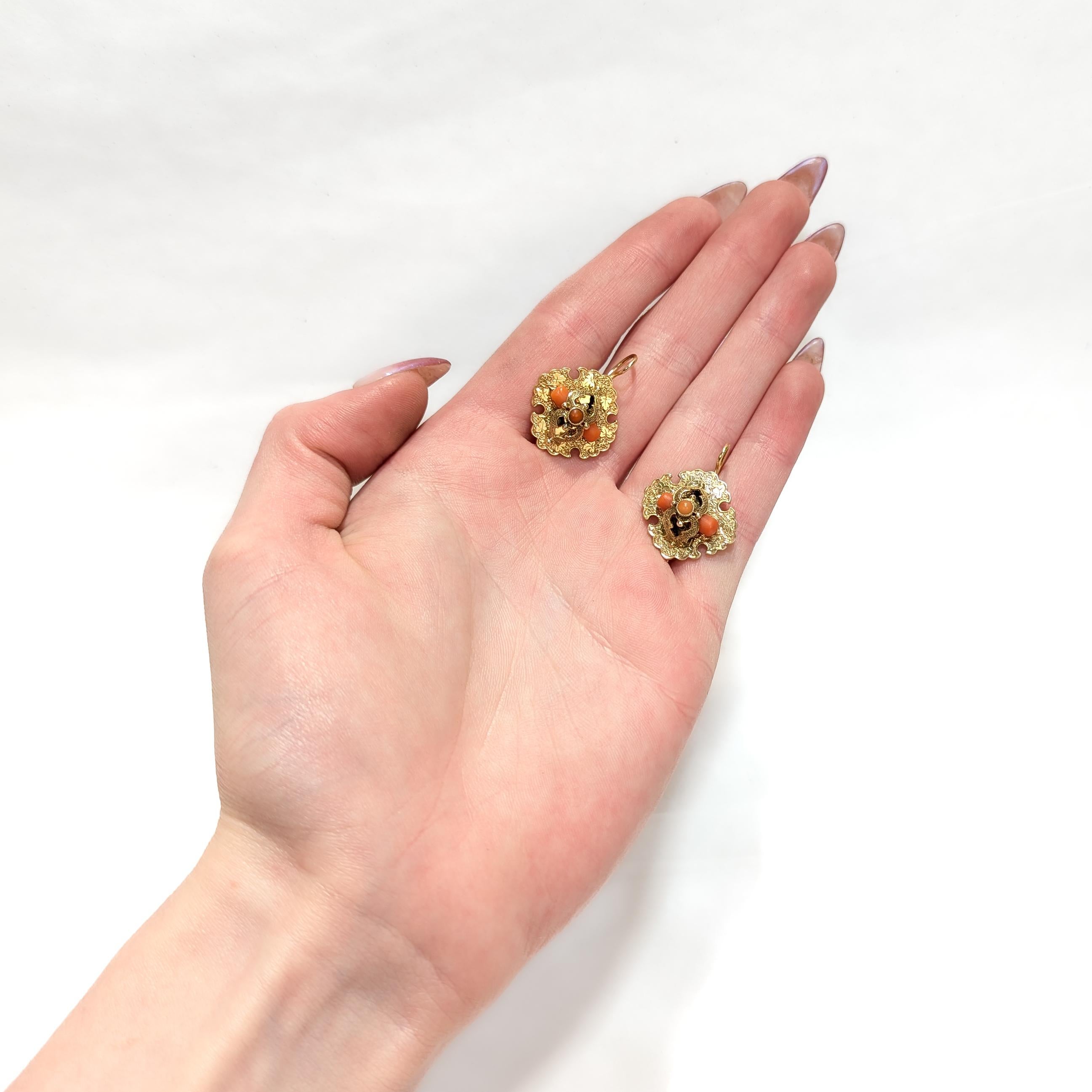Antique Victorian 14k Gold & Red Coral Earrings In Good Condition For Sale In Philadelphia, PA
