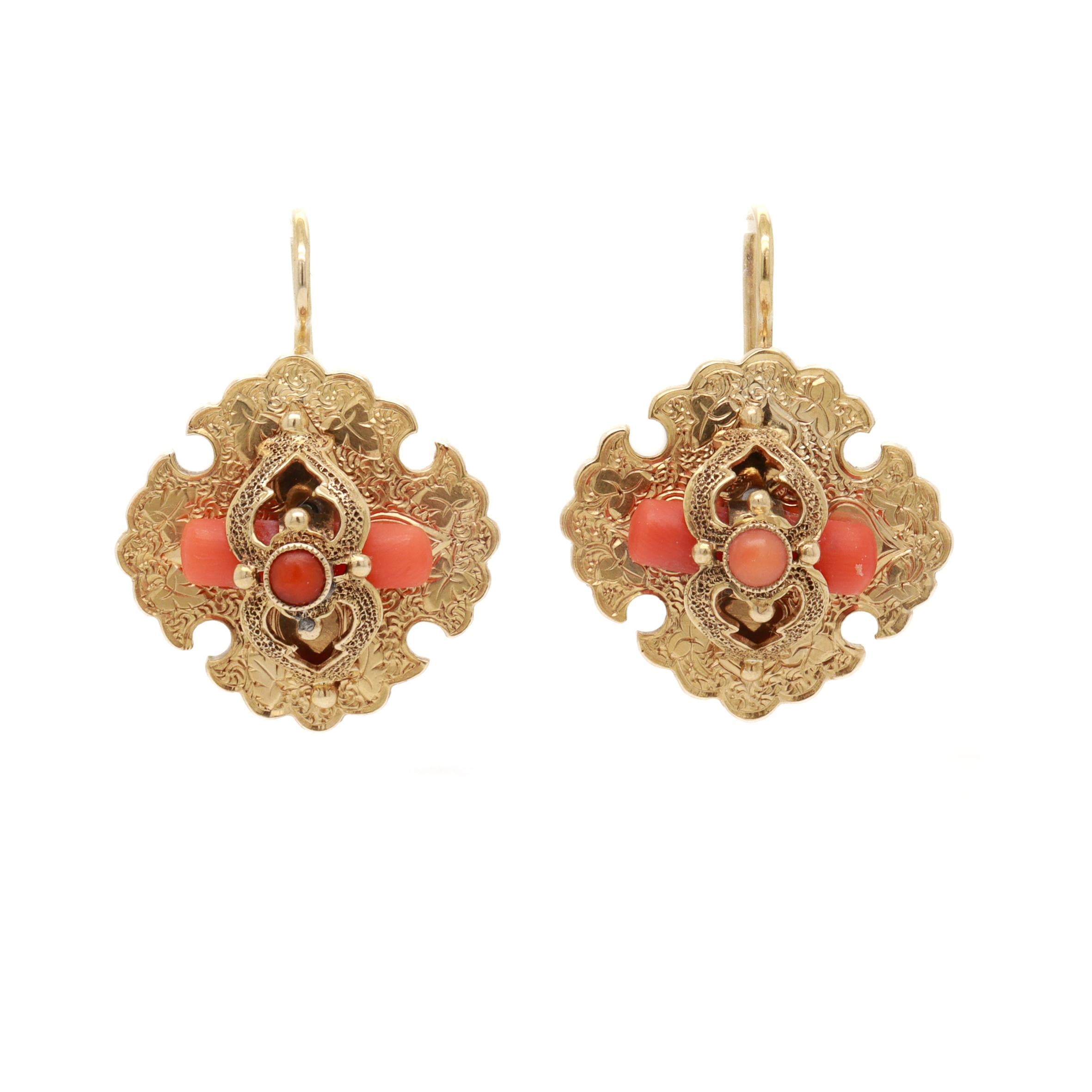 Women's Antique Victorian 14k Gold & Red Coral Earrings For Sale