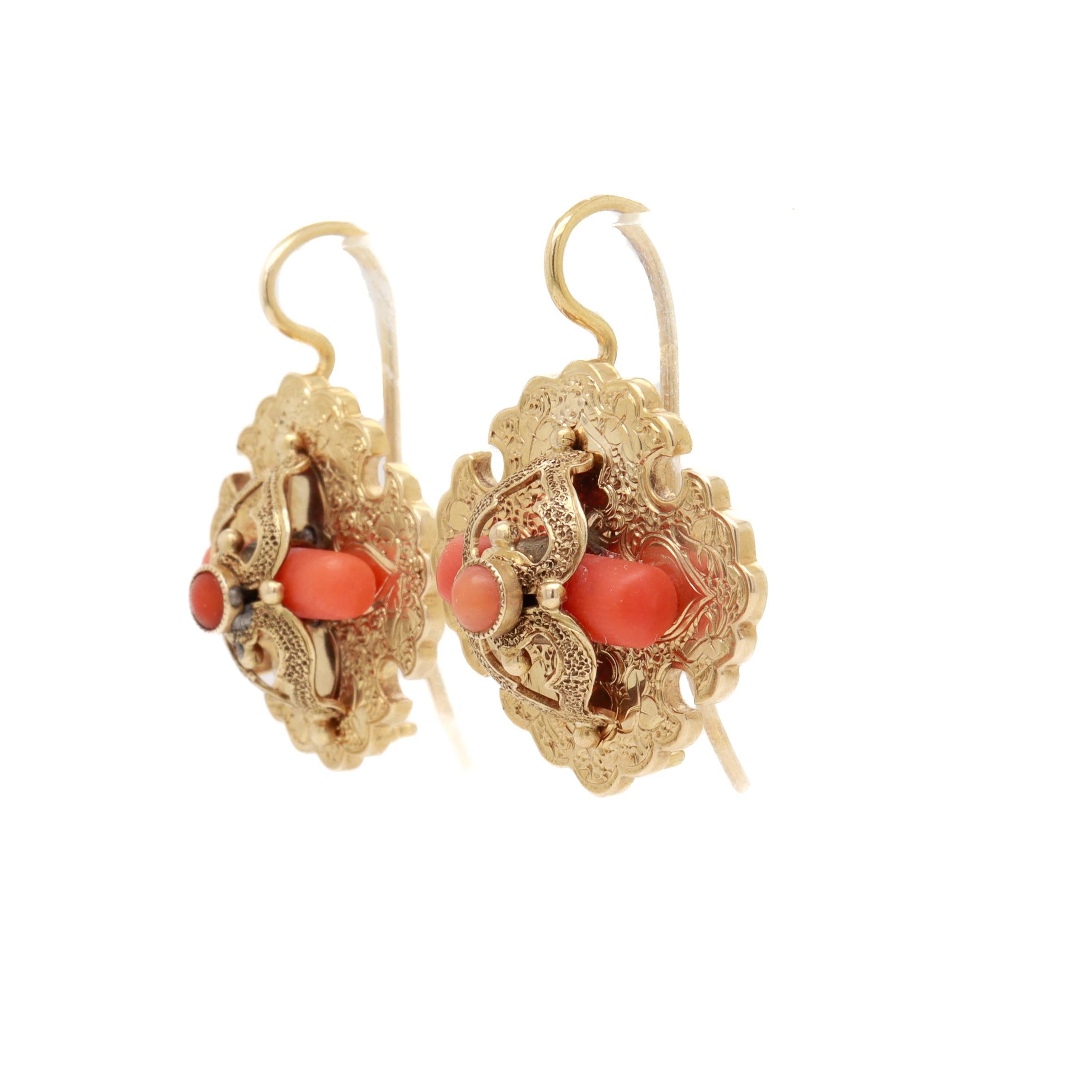 Antique Victorian 14k Gold & Red Coral Earrings For Sale 1