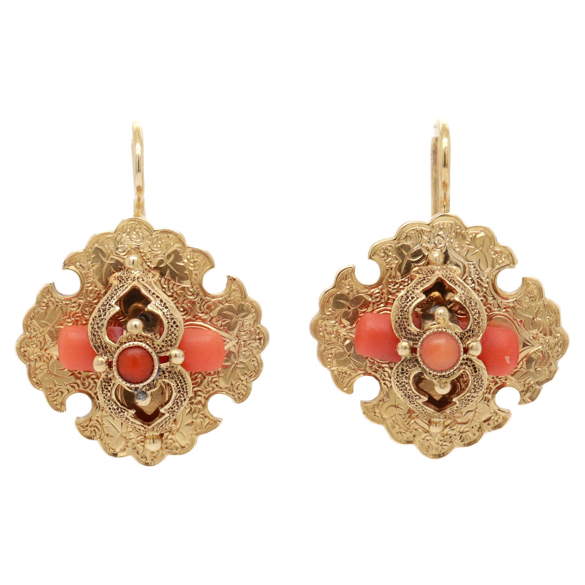 Antique Victorian 14k Gold & Red Coral Earrings For Sale