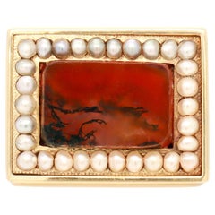 Broche victorienne ancienne en or 14 carats, agate rouge déndritique et perles naturelles