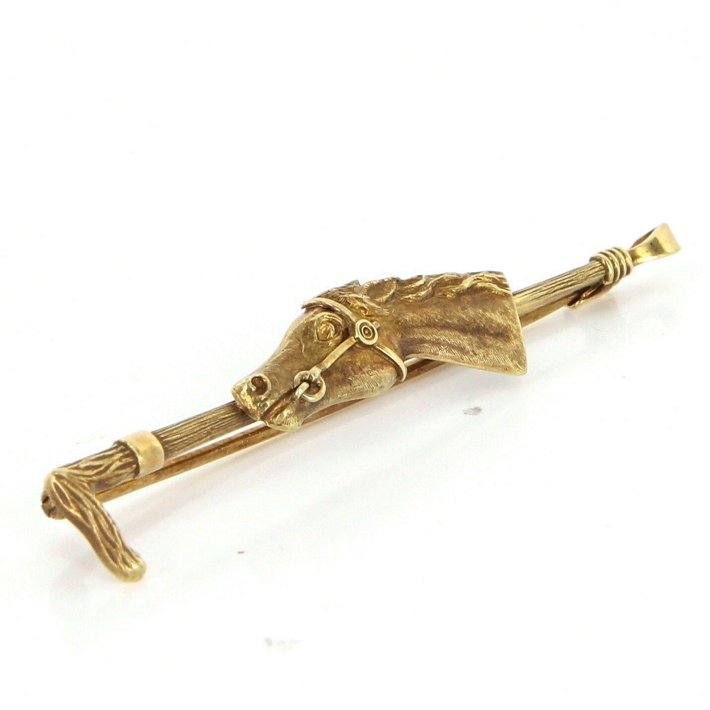 Offered for sale is a superb Victorian brooch (circa 1880s-1900s) , crafted beautifully in 14 karat yellow gold. 

The brooch features a riding horse (animal) with a crop whip.

The brooch measures 2 1/4 inches in length.

In very good original