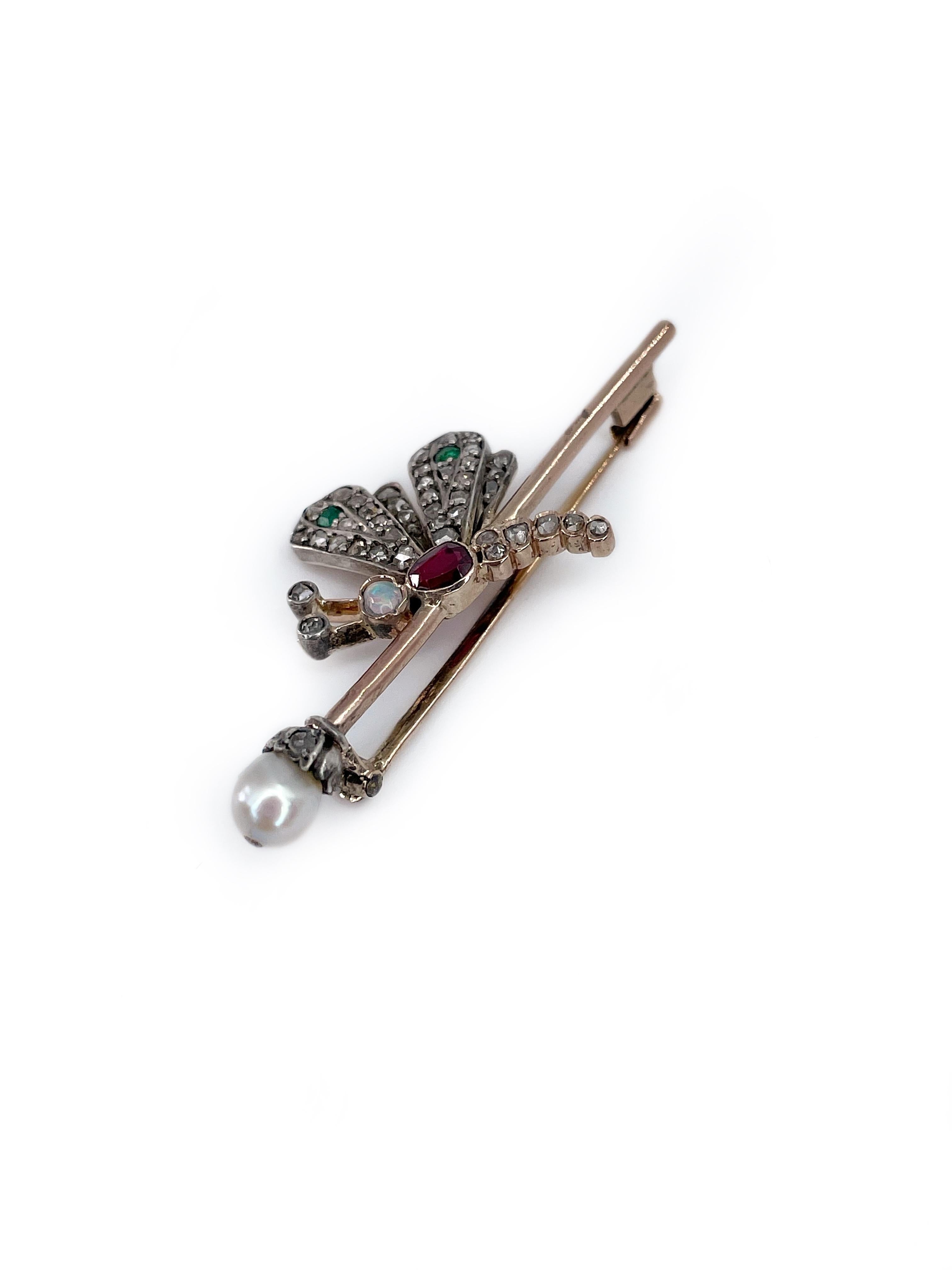 Viktorianische 14 Karat Gold Rose Cut Diamant Smaragd Rubin Schmetterling Brosche im Angebot 1