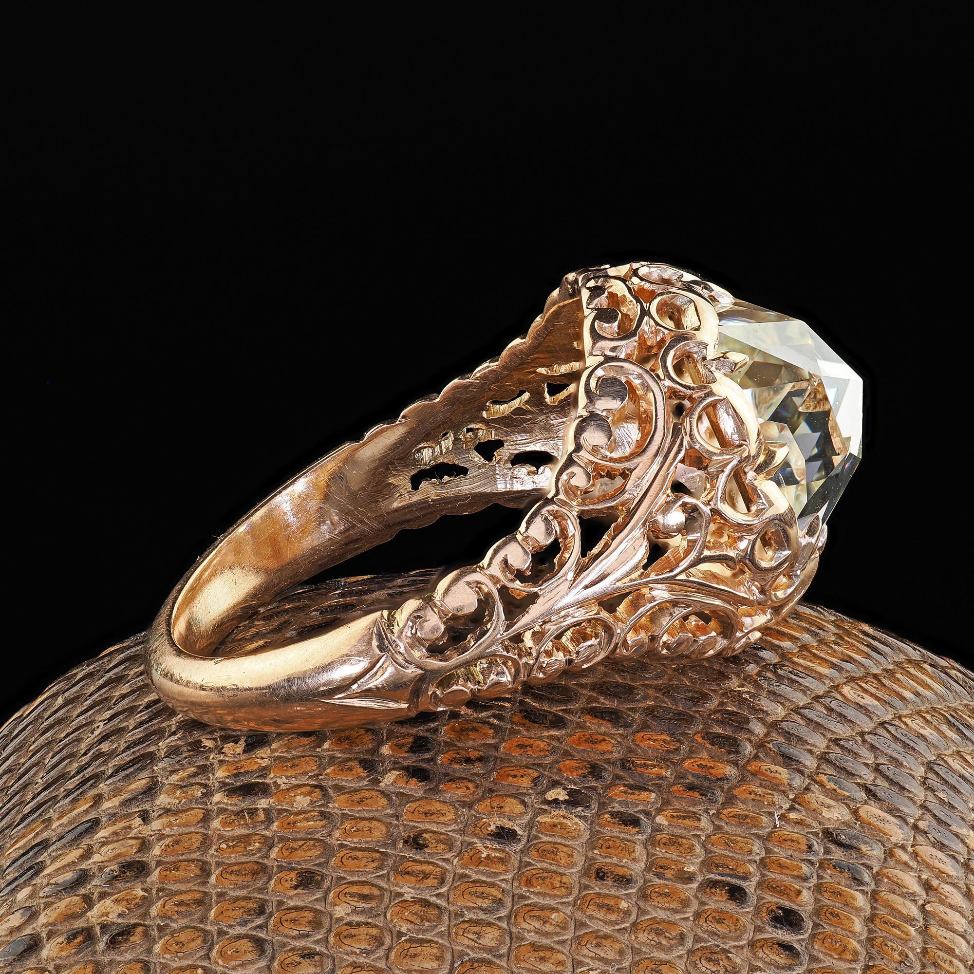 Taille rose Bague de fiançailles victorienne ancienne en or 14K à filigrane de diamants taillés en rose - GIA en vente