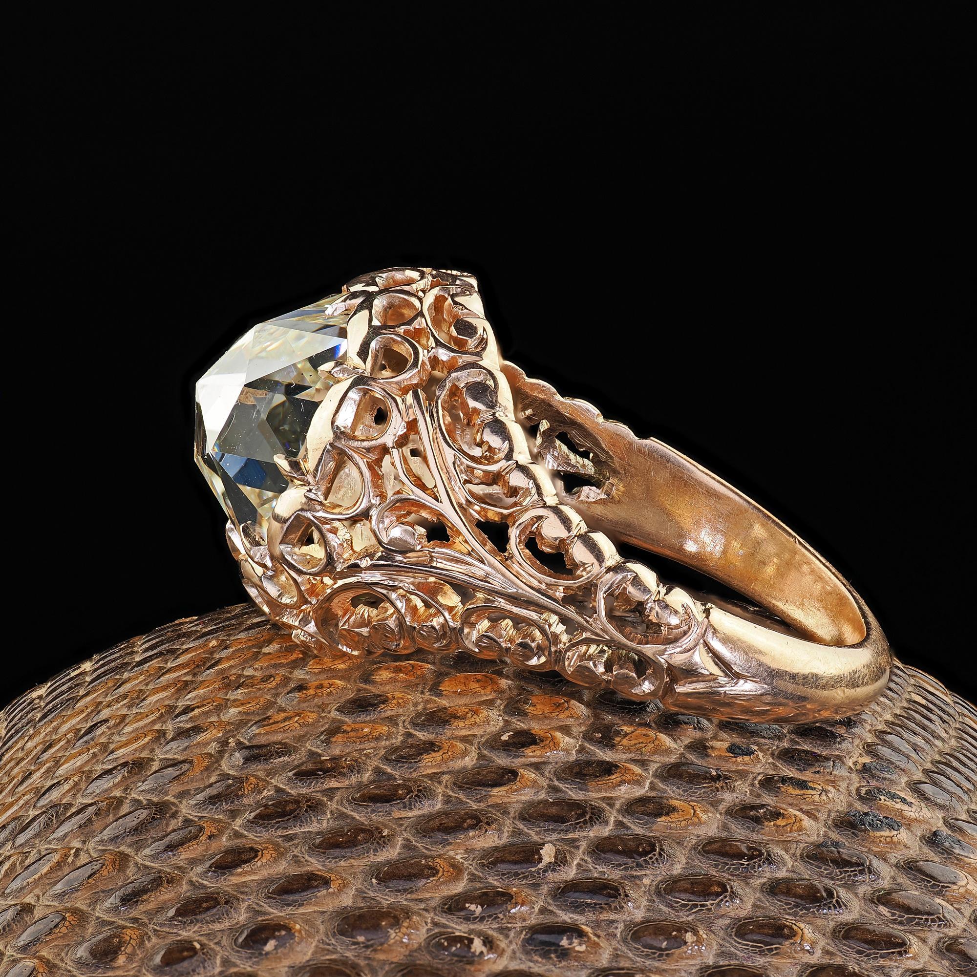 Bague de fiançailles victorienne ancienne en or 14K à filigrane de diamants taillés en rose - GIA Bon état - En vente à Great Neck, NY