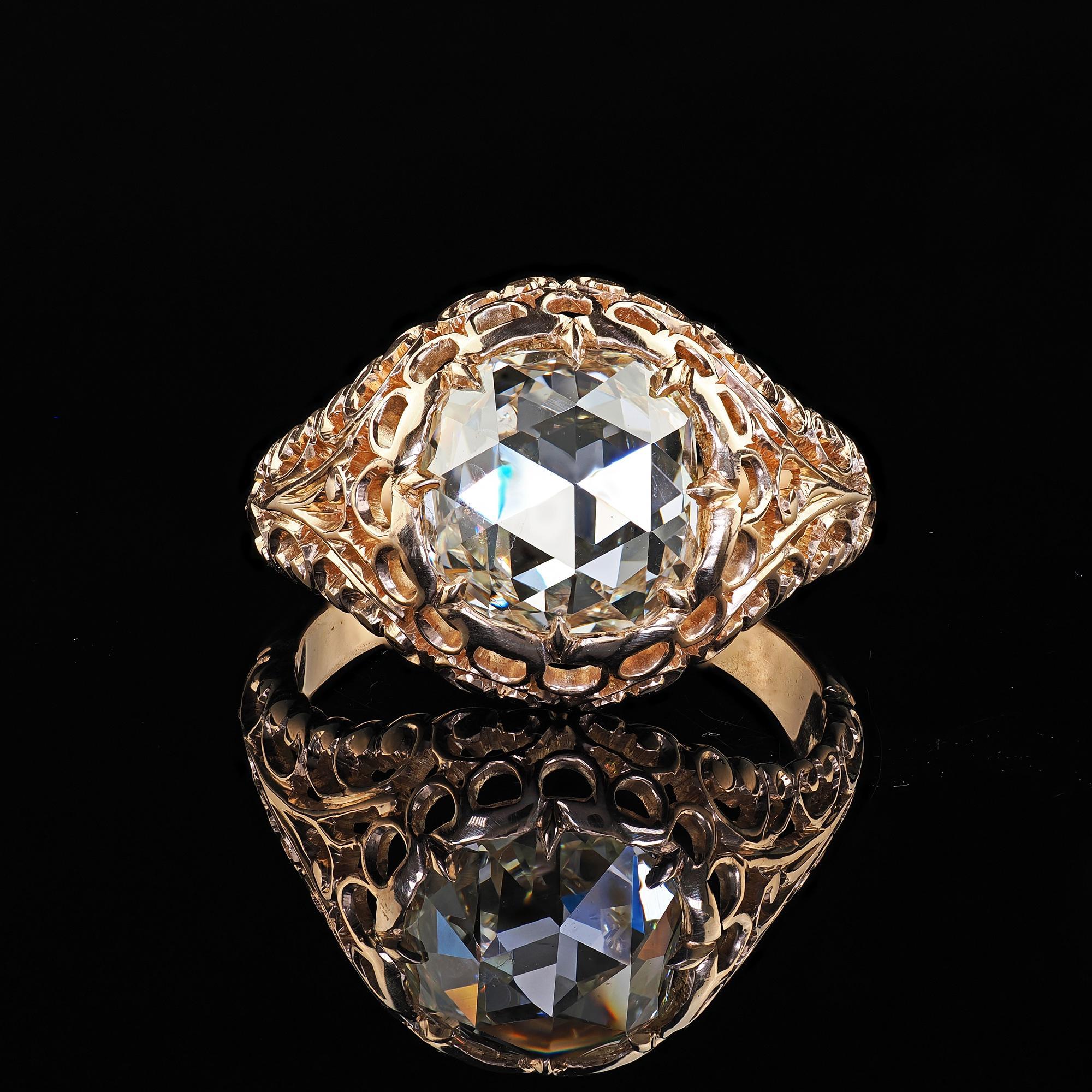 Bague de fiançailles victorienne ancienne en or 14K à filigrane de diamants taillés en rose - GIA en vente 1