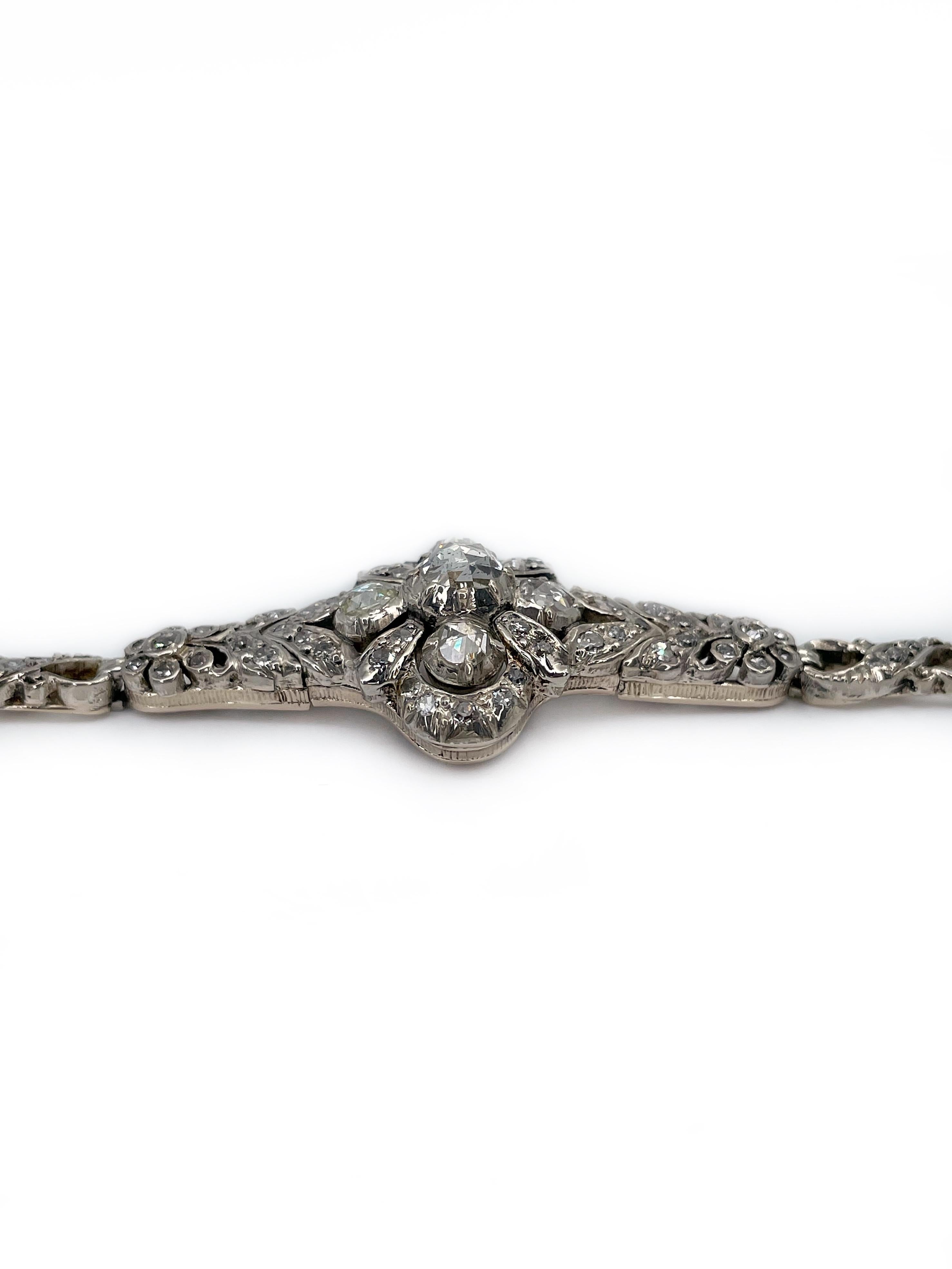 Women's Antique Victorian 14 Karat Gold Rose Cut Diamond Floral Design Bracelet