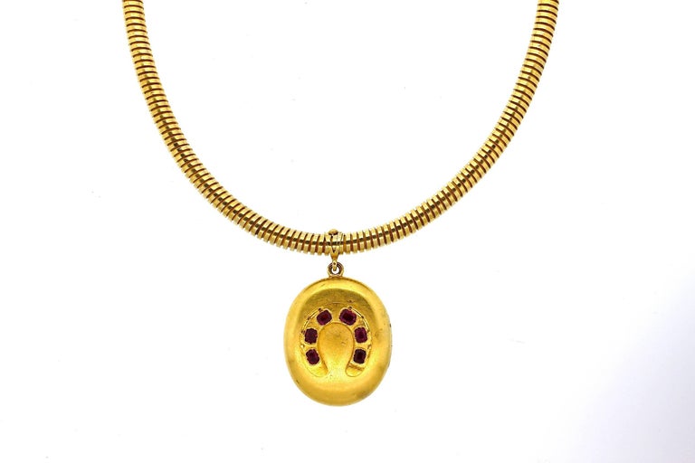 Antique Victorian Russian Ruby Gold Horseshoe Pendant Gaspipe Necklace