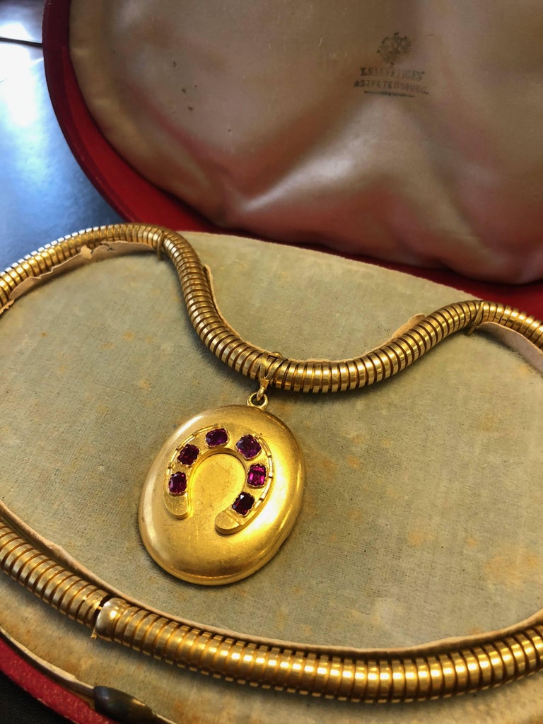 Antique Victorian Russian Ruby Gold Horseshoe Pendant Gaspipe Necklace