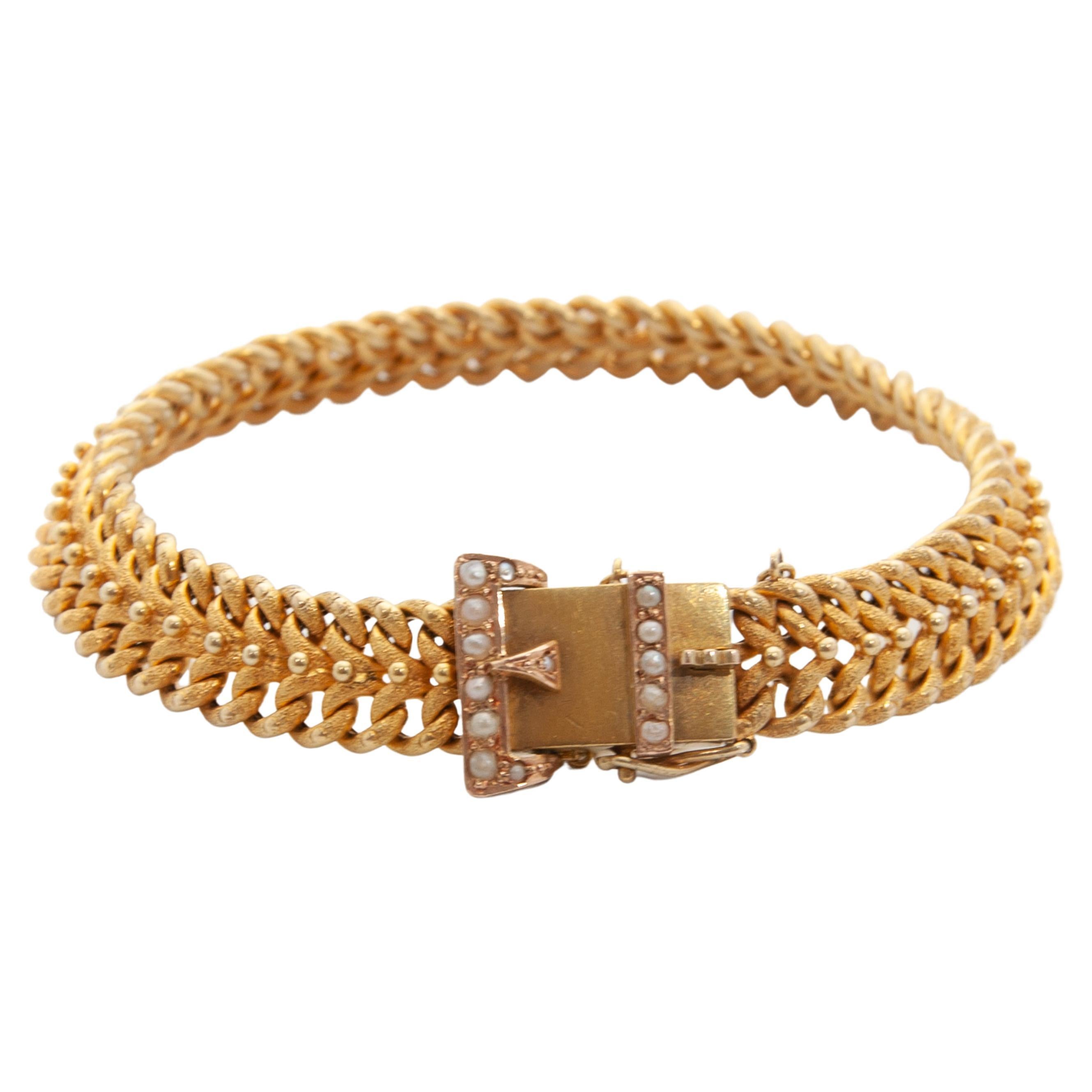 Antique Victorian 14K Gold Seed Pearl Buckle Bracelet
